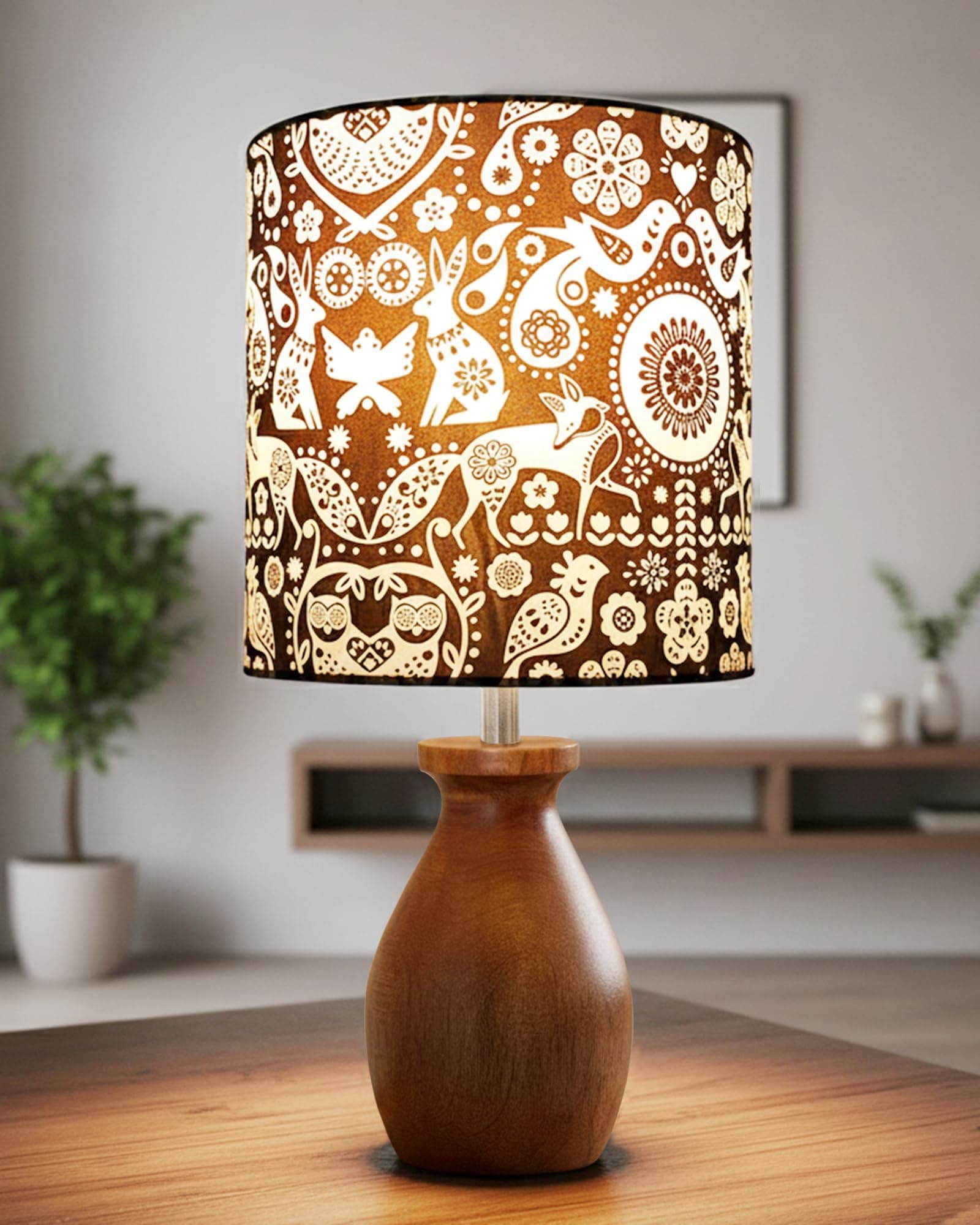 Homesake® Rustic Wooden Dovel Pot Table Lamp with Printed Fabric Shade| Handcrafted Bedside Nightstand Light for Living Room, Bedroom, Office Cafe Home Décor,