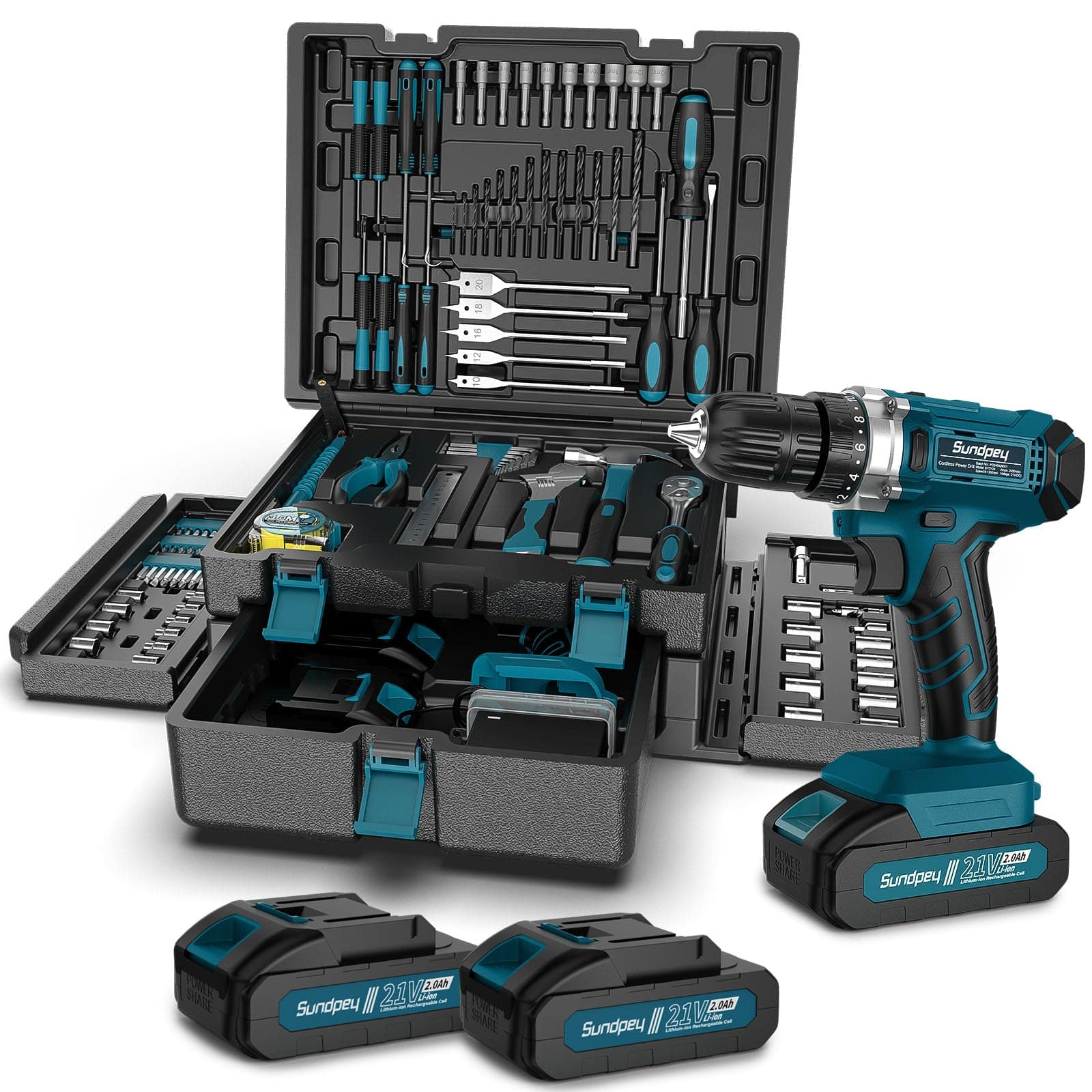 Tool Kit with 21V Drill - Cordless Power Tool Set - 255-PCs General Basic Complete Home and Auto Repair Tools Set - Protable Household Tool Kit for Men Women(Wrench & Socket & Screwdriver Kit)