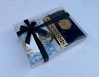 SAIKA Prayer Rug Set with Thanks Card, Full Arabic Quran Prayer Rug, Beads and Car Hanger Set,Ramadan Eid Wedding Birthday Graduation Mother's Day (Blue)