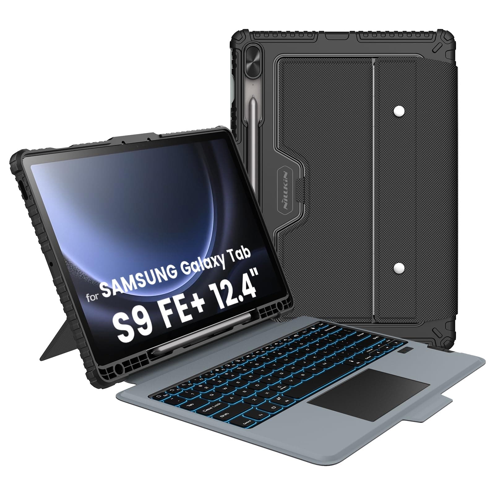 for Samsung Galaxy Tab S9 FE Plus Case with Detachable Keyboard, Multi-Touch Trackpad, 7-Color Backlit, S Pen Holder, Rugged Keyboard Case with Camera Cover for Samsung Tablet S9 FE+ 12.4"