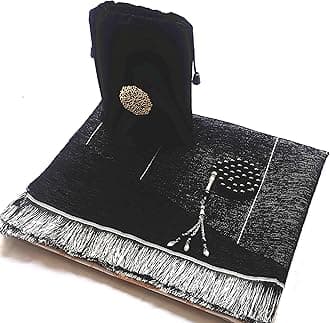 Muslim Prayer Rug Prayer Beads with Travel Bag for Men and Women 100% Breathable Black Skull Beanie Traditional Desing Prayer Mat Eid Ramadan Gifts Salah Mat Taffeta Fabric Soft Shukran Raudah B