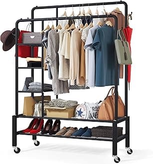 Heavy Duty Clothes Rail, 120KG Black Metal Rack With Double Hanging Clothing Rail, Shoe Rack, Storage Shelves & 4 Coat Hooks, Wardrobe Clothes Rails For Bedroom Office Shop