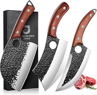 Professional Butcher Knife Set for Meat Processing, 3Pcs High Carbon Steel Hand Forged Serbian Cleaver Chef Knife Set with Ergonomic Handles for Kitchen Outdoor Cooking