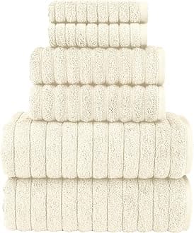 Elegant Comfort 100% Turkish Cotton Corduroy Ribbed Luxury Bath Towels 6-Piece Set, Premium Feel - Quick Dry, Highly Absorbent, Contains 2 Bath Towels, 2 Hand Towels, and 2 Washcloths, Ivory