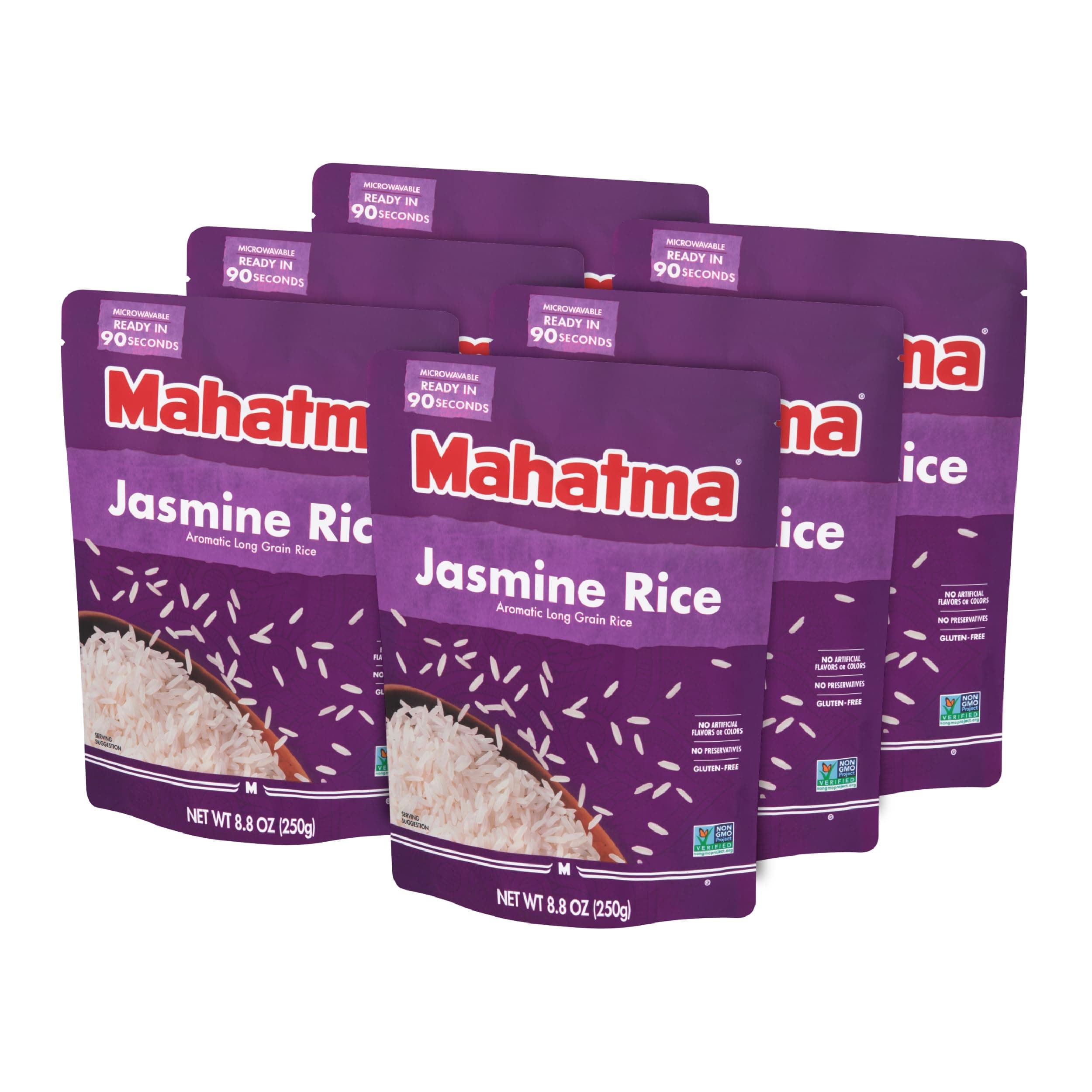 Ready to Heat Jasmine Rice, Precooked Rice, Microwaveable in 90 Seconds, Six 8.8-Ounce Bags
