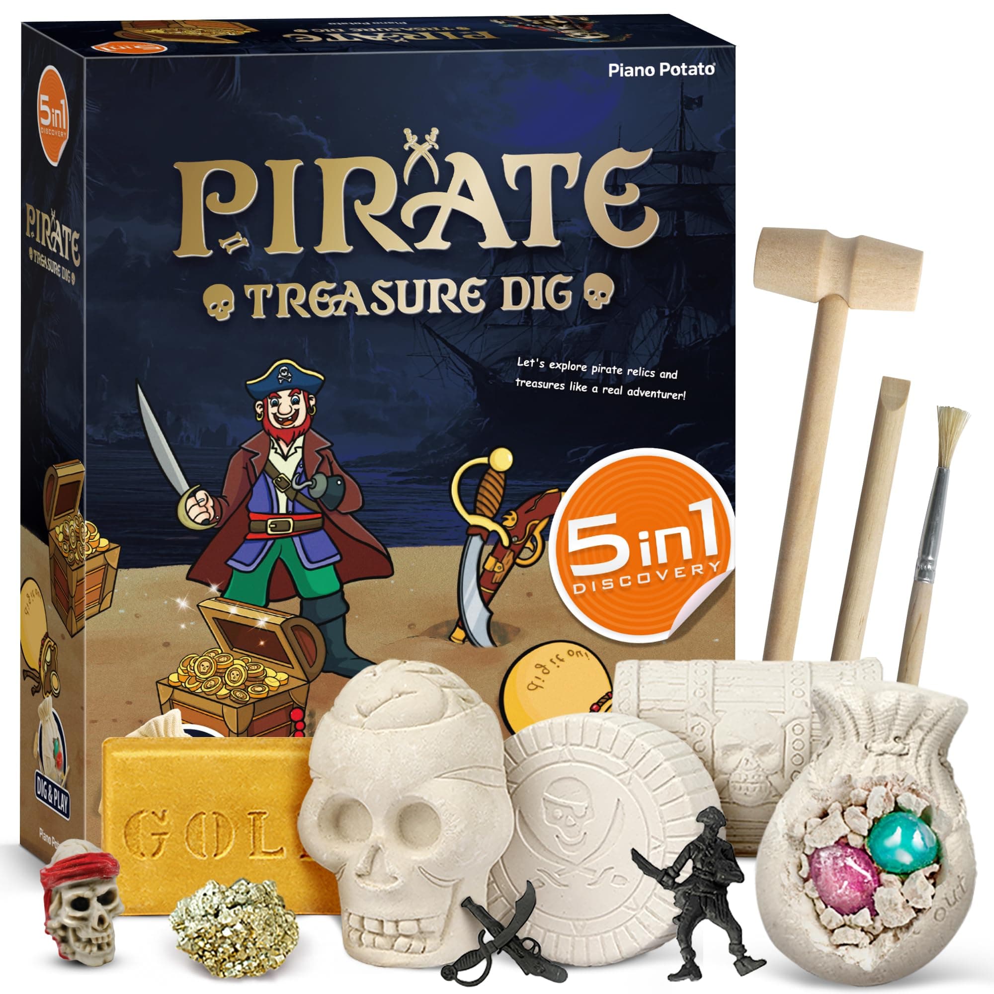 XXTOYS Pirate Treasures Dig Kit Break Into 5 Bricks Treasure Excavation Kits Pirate Toys Gems Dig Kits Interactive Excavating Toys Great Birthday Gift Party Supplies Archeology Educational STEM Kits