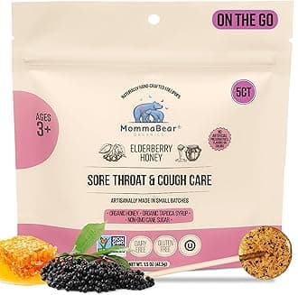 MommaBear Organics Handcrafted Kids Cough Lollipops – Natural Sore Throat Relief & Cough Drop Suckers for Kids 3+ – Elderberry Bits, Honey & Organic Flavors – Tightly Sealed for Freshness, 5pc