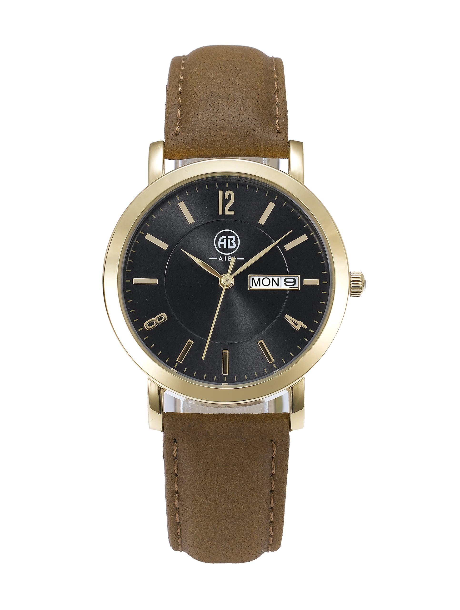 DMwatch Women's Watch Camel Leather Strap and Analog Display Quartz 36mm Black Case Gold Bezel with Date Fashion Wrist Watch for Ladies