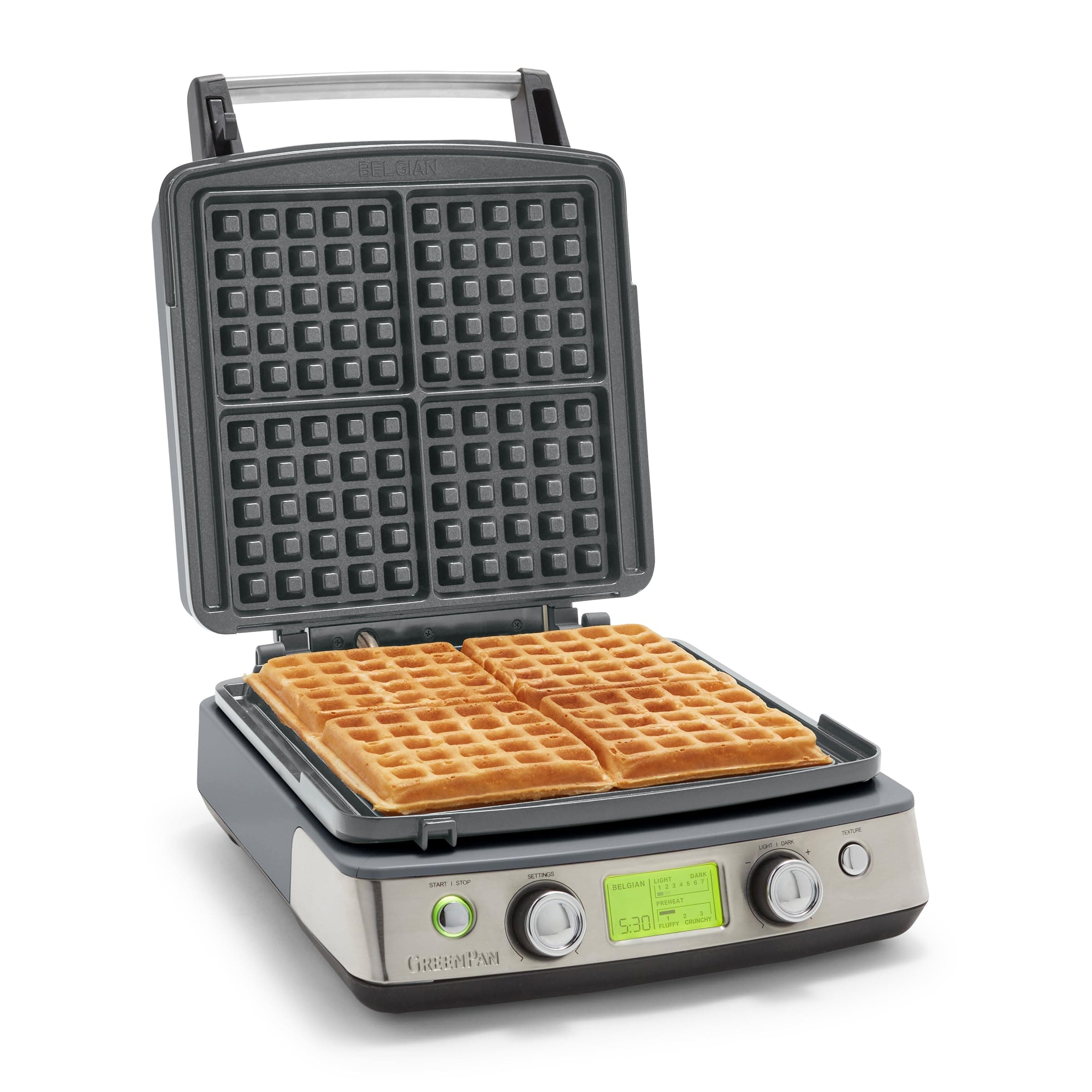 Elite 4-Square Belgian & Classic Waffle Iron, Healthy Ceramic Nonstick Aluminum Dishwasher Safe Plate, Adjustable Shade/Crunch Control, Wont Overflow, Easy Clean, Breakfast,PFAS-Free,Graphite