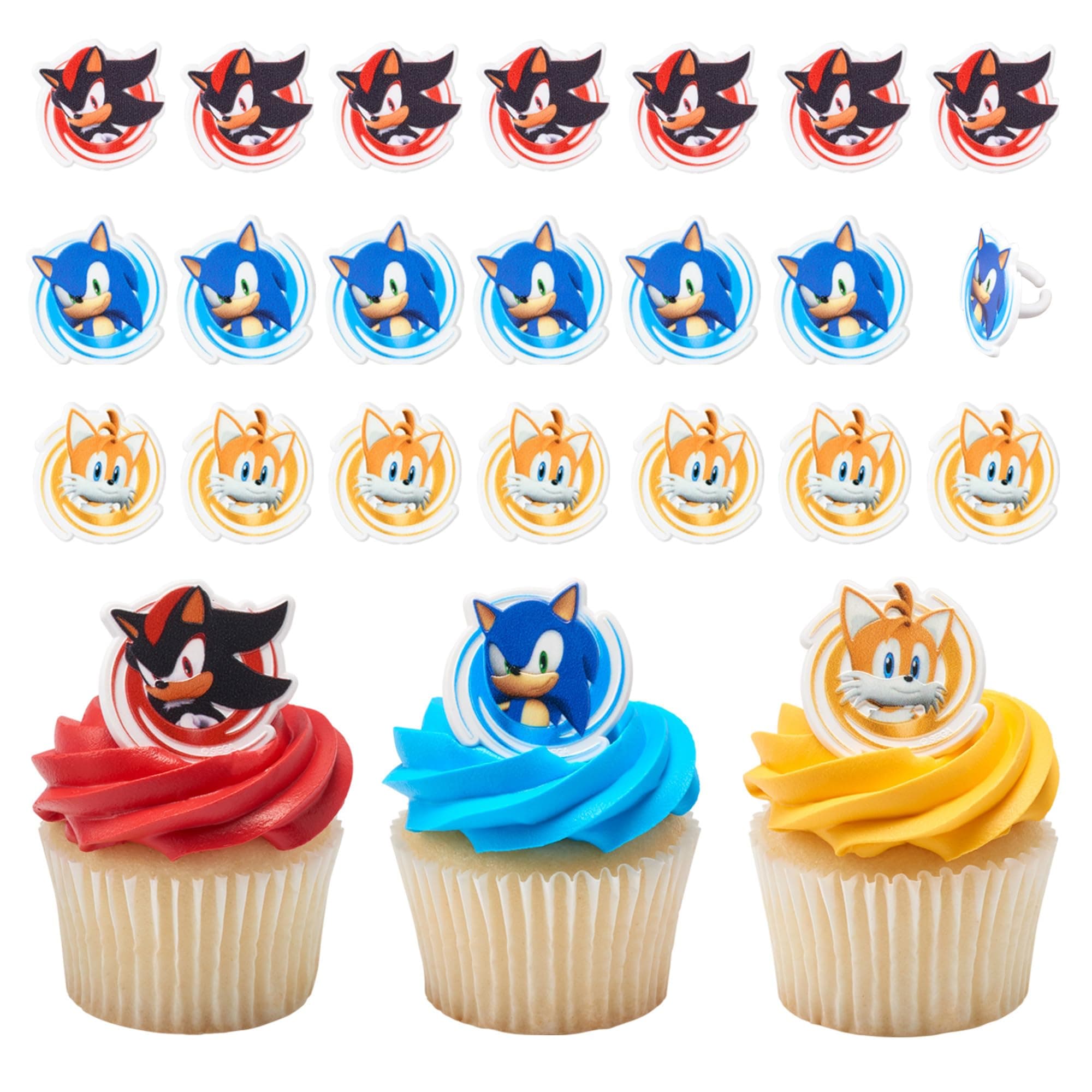 Sonic the Hedgehog Rings, Cupcake Decorations Featuring Sonic, Tails, and Shadow - 24 Pack