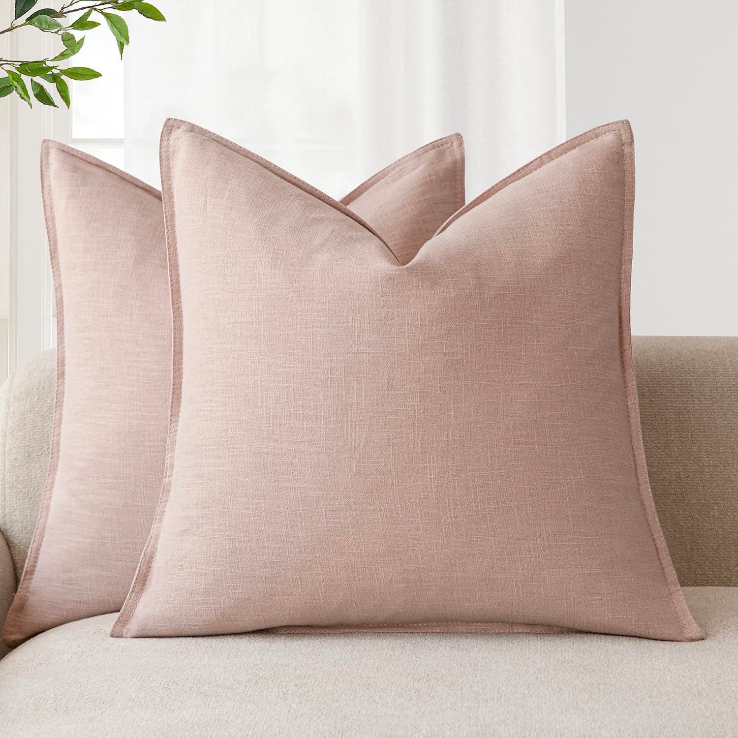 Foindtower Pack of 2, Decorative Linen Solid Throw Pillow Covers Soft Accent Cushion Case Boho Farmhouse Pillowcase for Chair Couch Sofa Bedroom Living Room Home Decor 18 x 18 Inch Light Pink