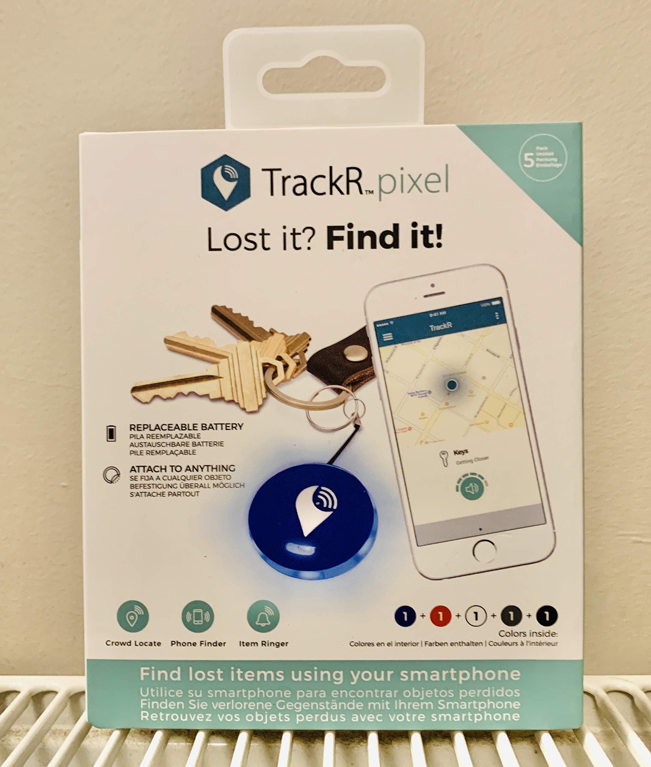 TrackR pixel - Bluetooth Tracking Device. Item Tracker. Phone Finder. iOS/Android Compatible - Multicolor (5 Pack) Tp5PkBlWhGrRdBuRetEng