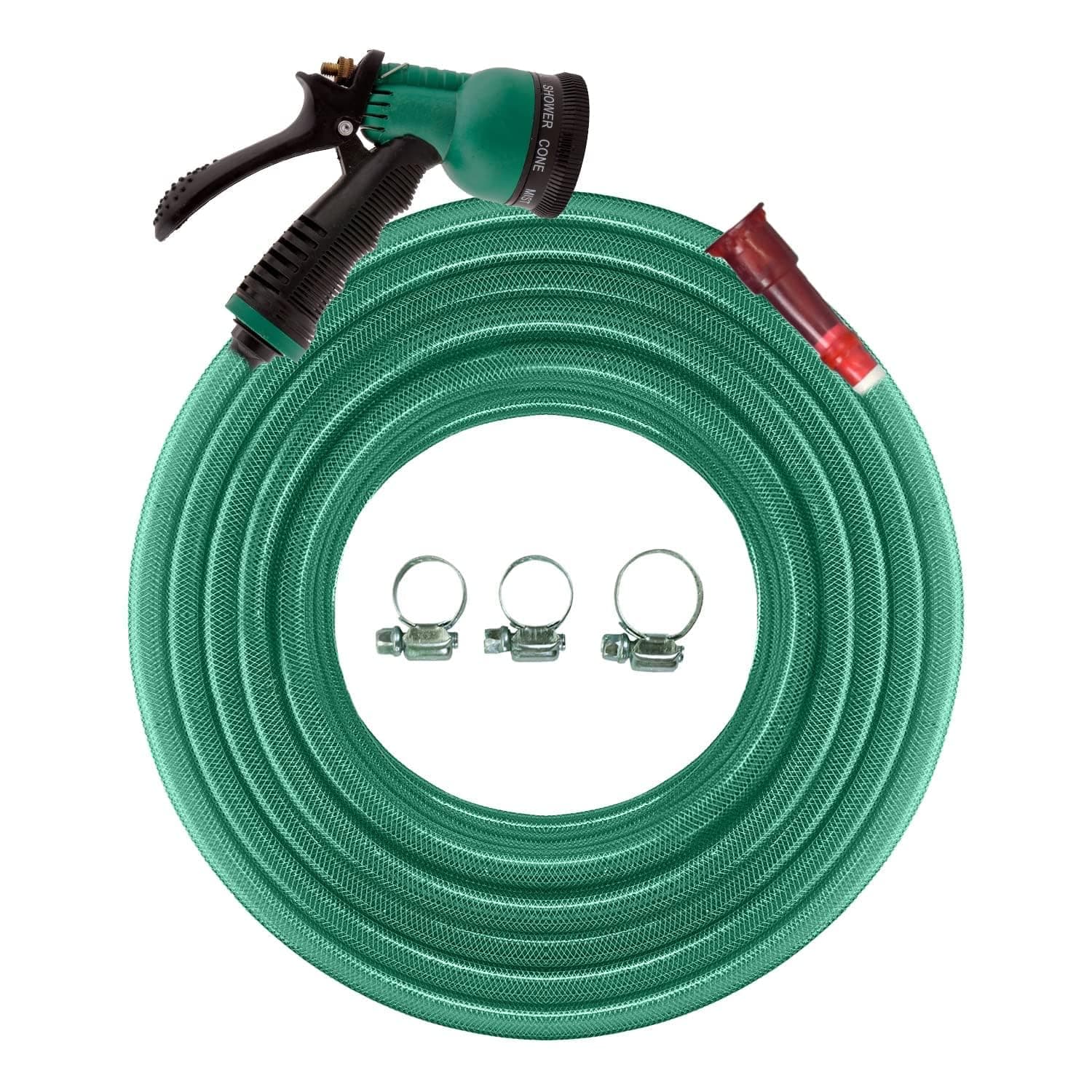 Cinagro 10 Meter 0.5 inch Heavy Duty 3 Layered Braided PVC Garden Hose Pipe with 8 Mode Spray Gun, Tap Adapter & 3 Clamps, Water Pipe for Garden, Car Washing, Garden Pipe for Home (32.8 feet, Green)