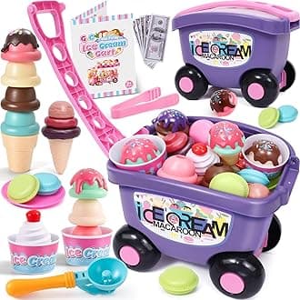 G.C Ice Cream Toys for Kids Toddlers 3-5, 42pcs Ice Cream Cart with Storage Trolley Pretend Play Food, Stack Scoop Serve Sweet Treat Counter Shop, Christmas Birthday Gift for 3 4 5 6 Year Old Girl Boy