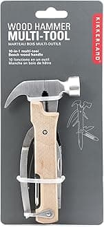 Kikkerland 10 in 1 Hammer Multi Tool - Mini Multipurpose Stainless Steel Tool with Beechwood Handle. Multi-Function Household, Emergency & Outdoor Survival Tools