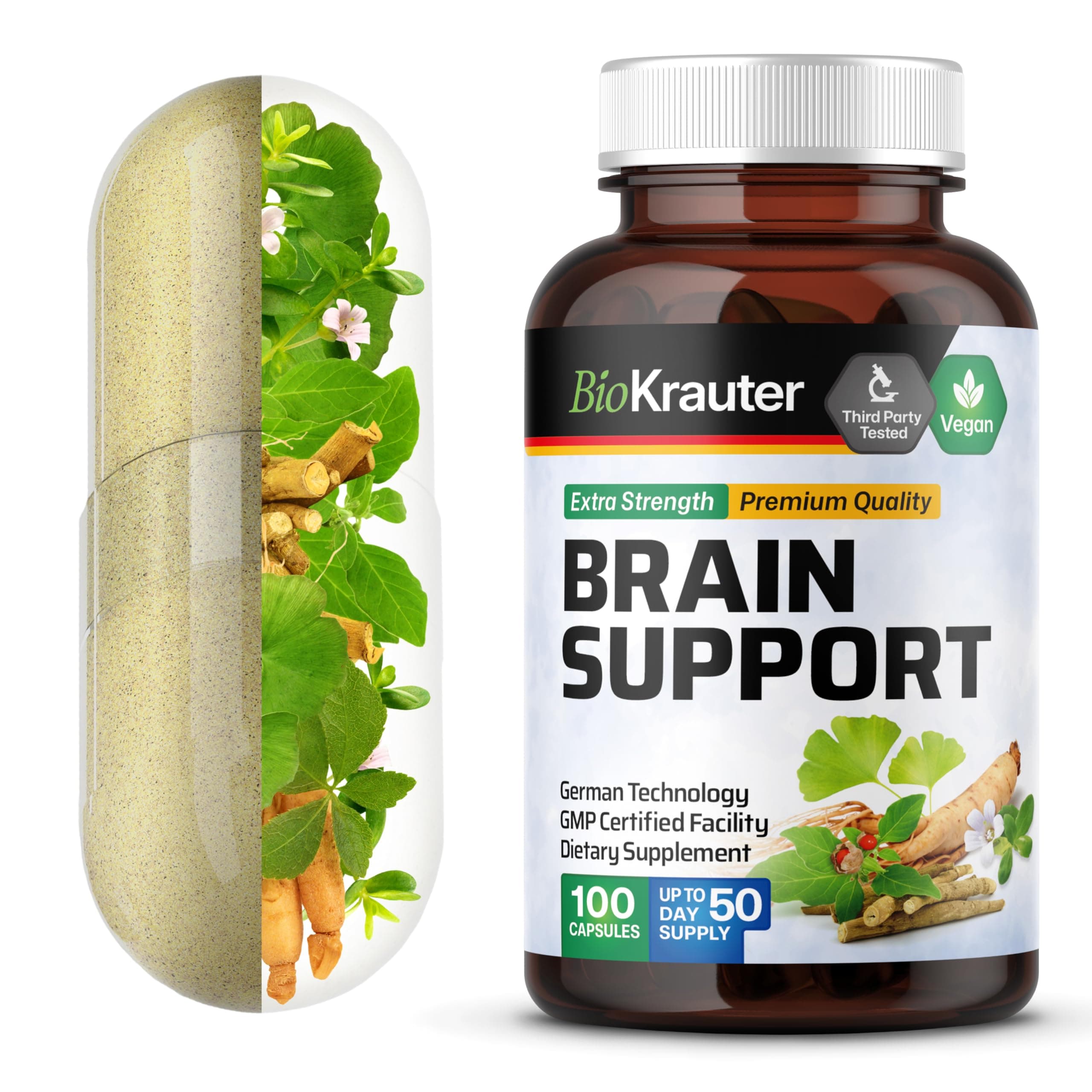4-in-1 Brain Supplements for Memory and Focus with Ginkgo Biloba, Ginseng, Bacopa Monnieri & Ashwagandha - Vegan Brain Health Supplements for Men & Women - 100 Capsules, 50-Day Supply