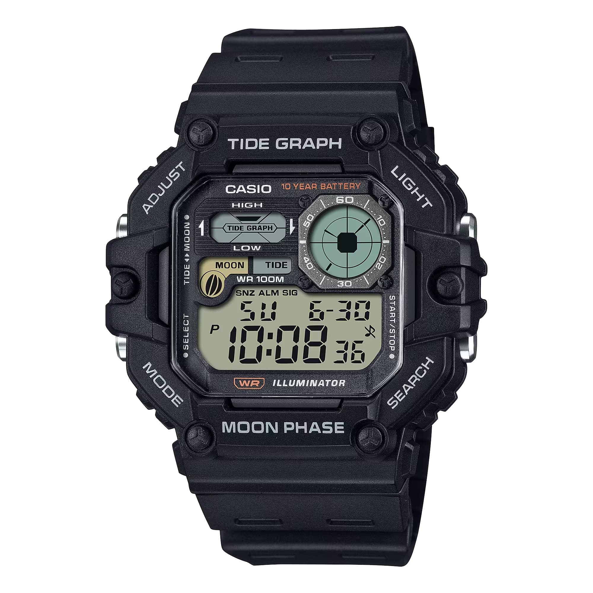 Casio WS-1700H-1AVCF Illuminator Tide Graph Moon Phase 10-Year Battery Digital Watch, Black,