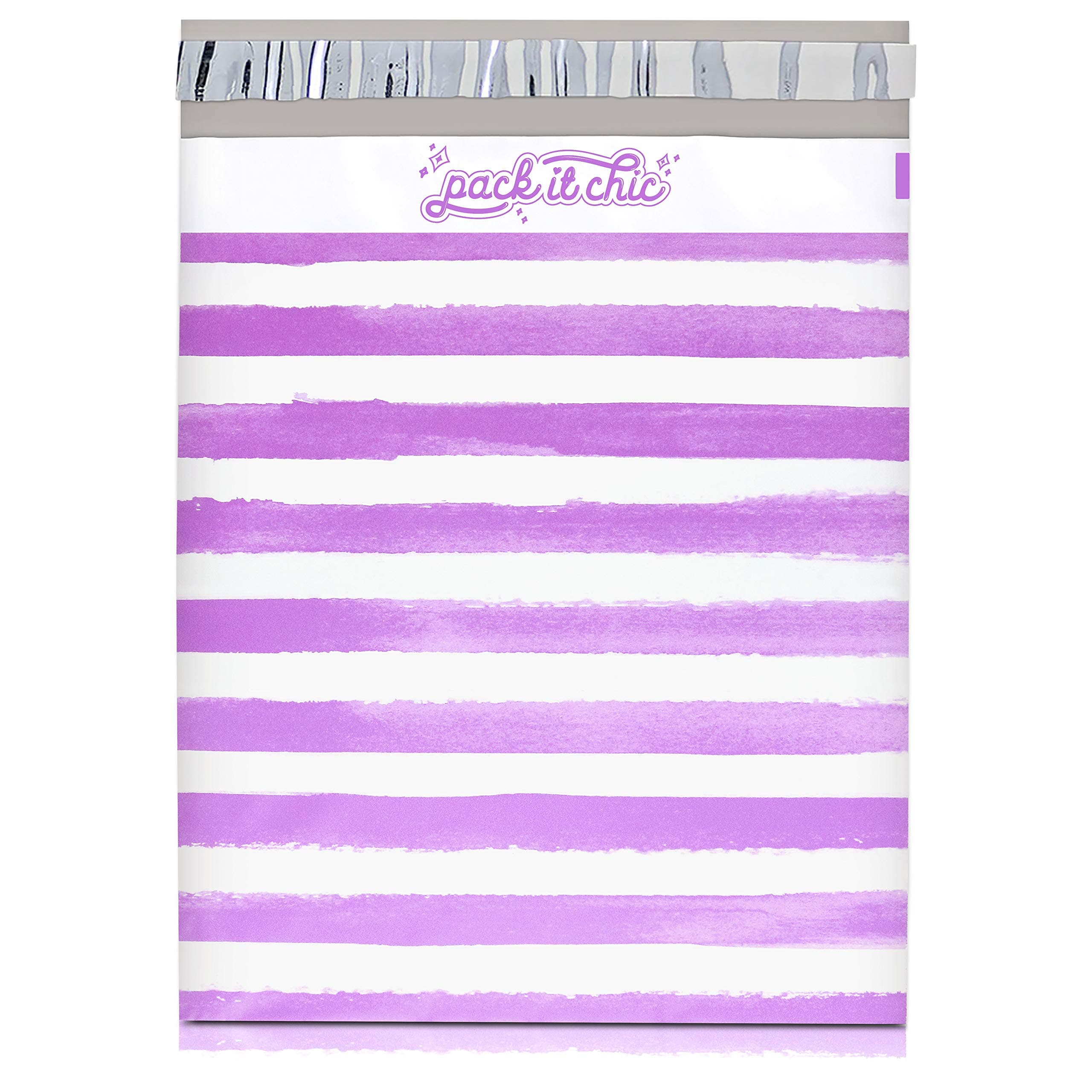 Pack It Chic - 10X13 (100 Pack) Purple Watercolor Stripes Poly Mailer Envelope Plastic Custom Mailing & Shipping Bags - Self Seal