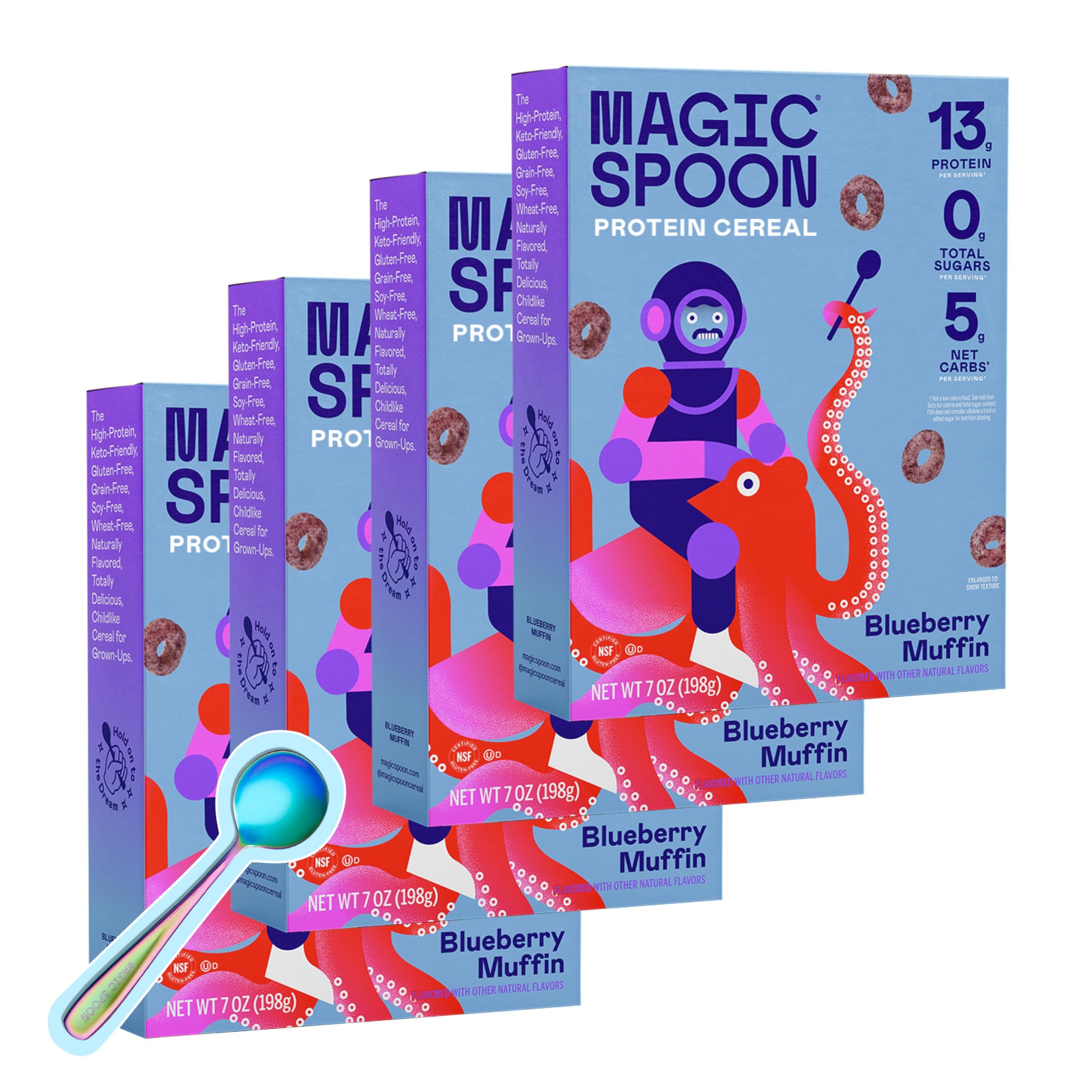 Magic Spoon Cereal - High Protein Cereals - Sugar Free Snacks & Breakfast Food - Grain & Gluten Free Cereal - Healthy Snacks for Kids & Adults - Low Carb & Keto Friendly - 4 Pack, Blueberry Muffin