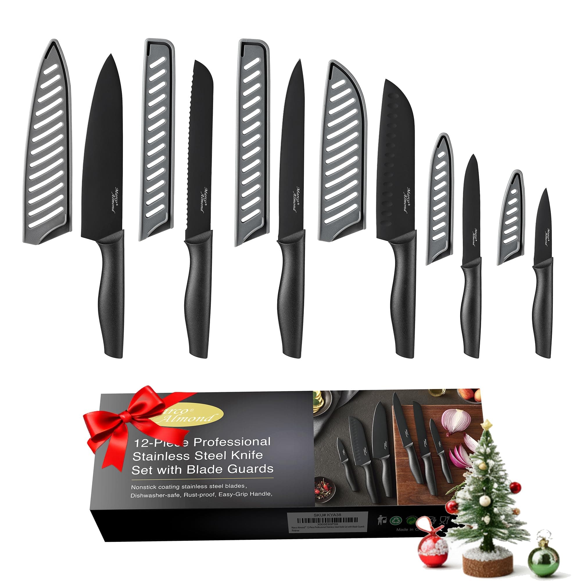 Kitchen Knife Set, KYA38 12-Piece Kitchen Knives Set with Covers, Marco Almond® 6 Knives with 6 Blade Guards, Stainless Steel Cooking Knives Set for Kitchen, Black