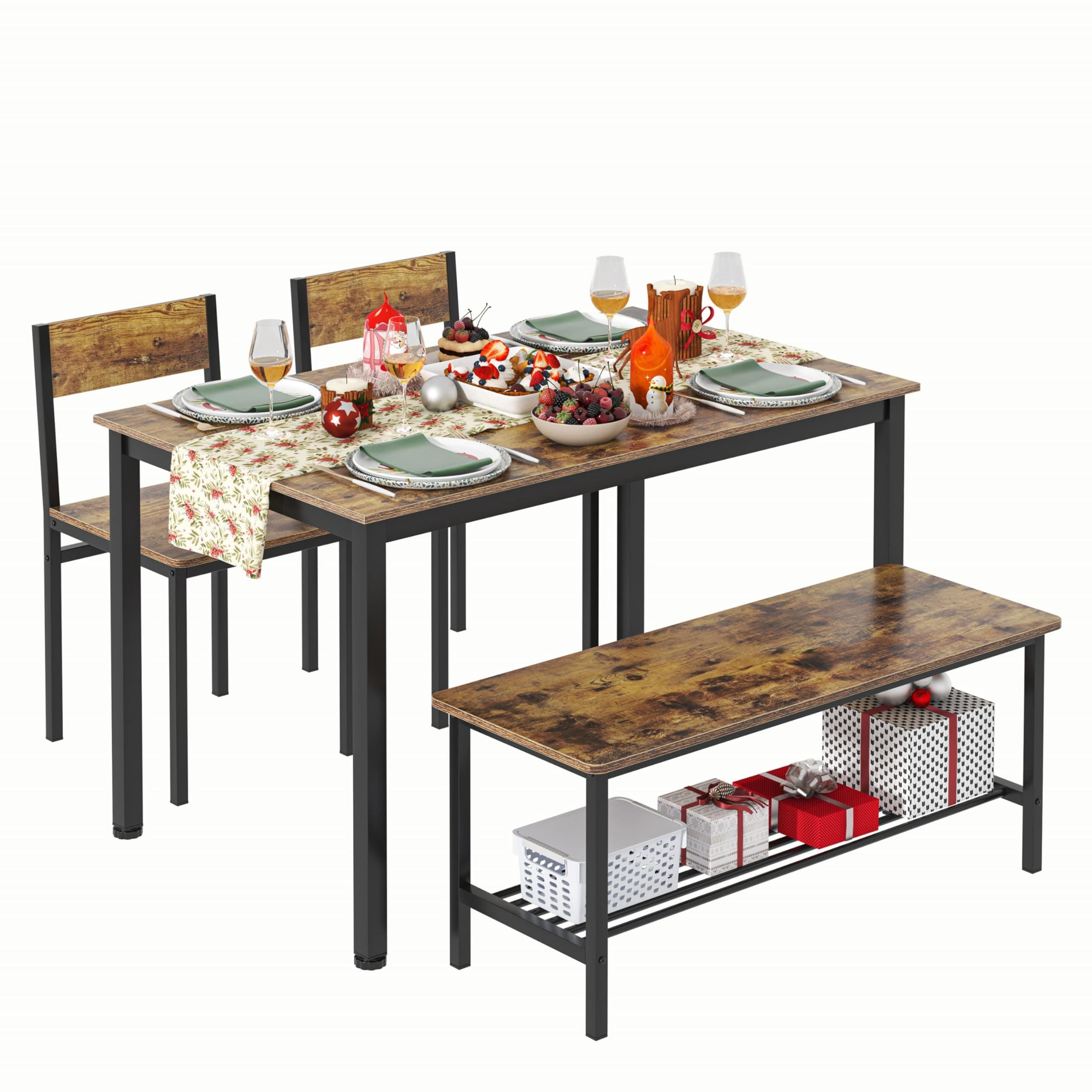 KU Syang Christmas Dining Table and Chairs Set 4 with Storage Rack, 130cm Kitchen Table and 2 Chairs with 1 Bench, Dining Room Sets Dining Table Set for Small Space, Rustic Brown