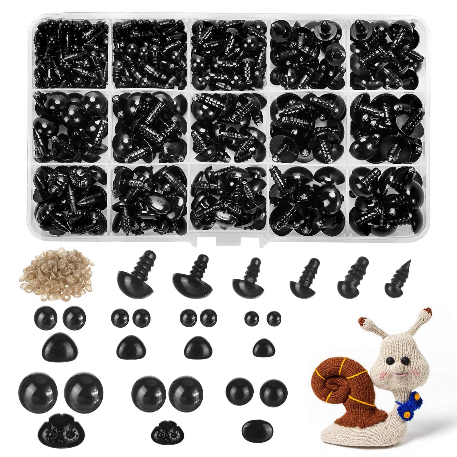 680pcs Plastic Safety Eyes and Noses with Washers, Craft Doll Eyes, Black Safty Eyes for Amigurumi, Puppet, Plush Animal and Teddy Bear