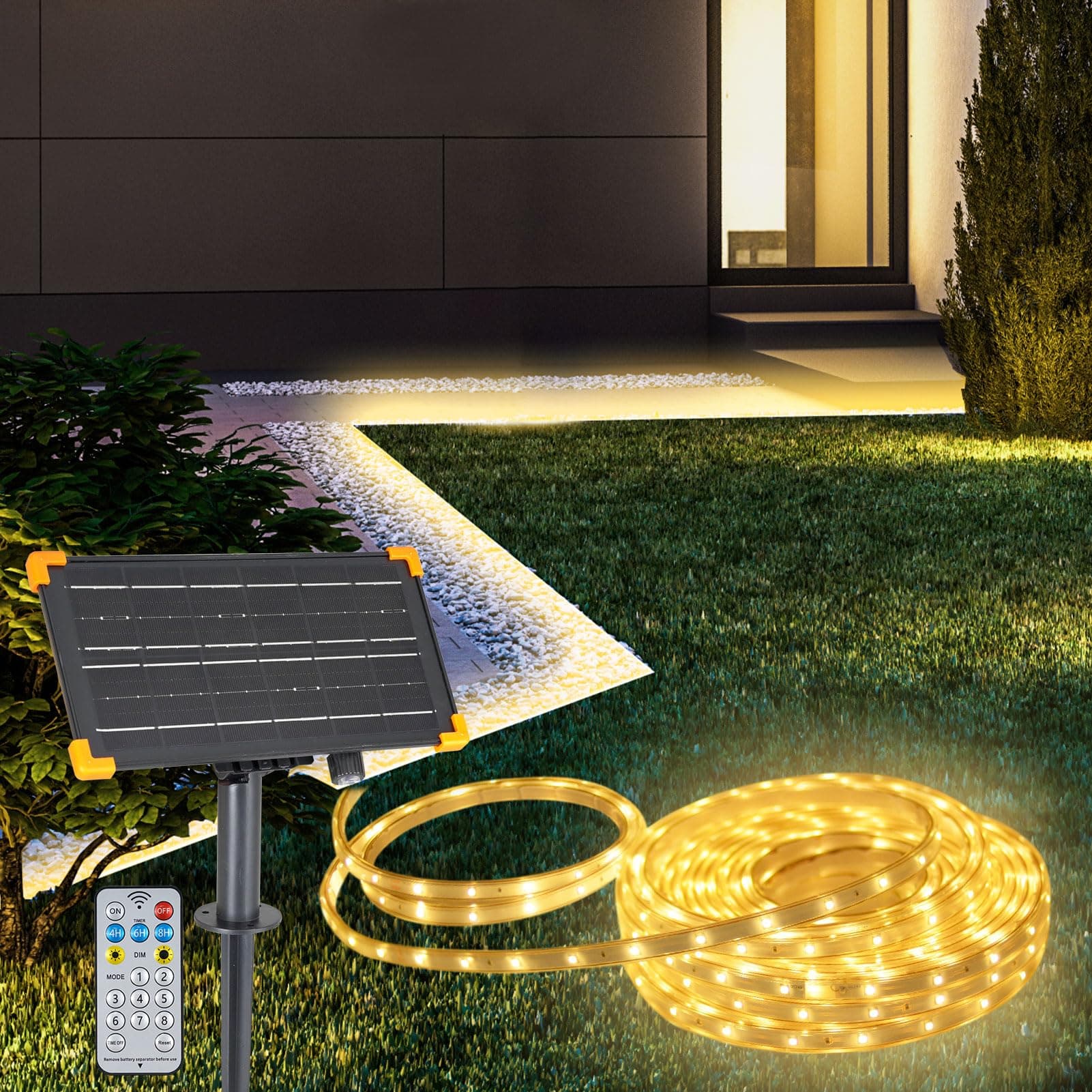 DBFAIRY 50Ft Solar LED Strip Lights Outdoor, Large Capacity Solar Powered Light Strip Auto On/Off with Remote Timer 8 Lighting Modes for Pathway Patio Pool Camping Decor, 2700K Warm White