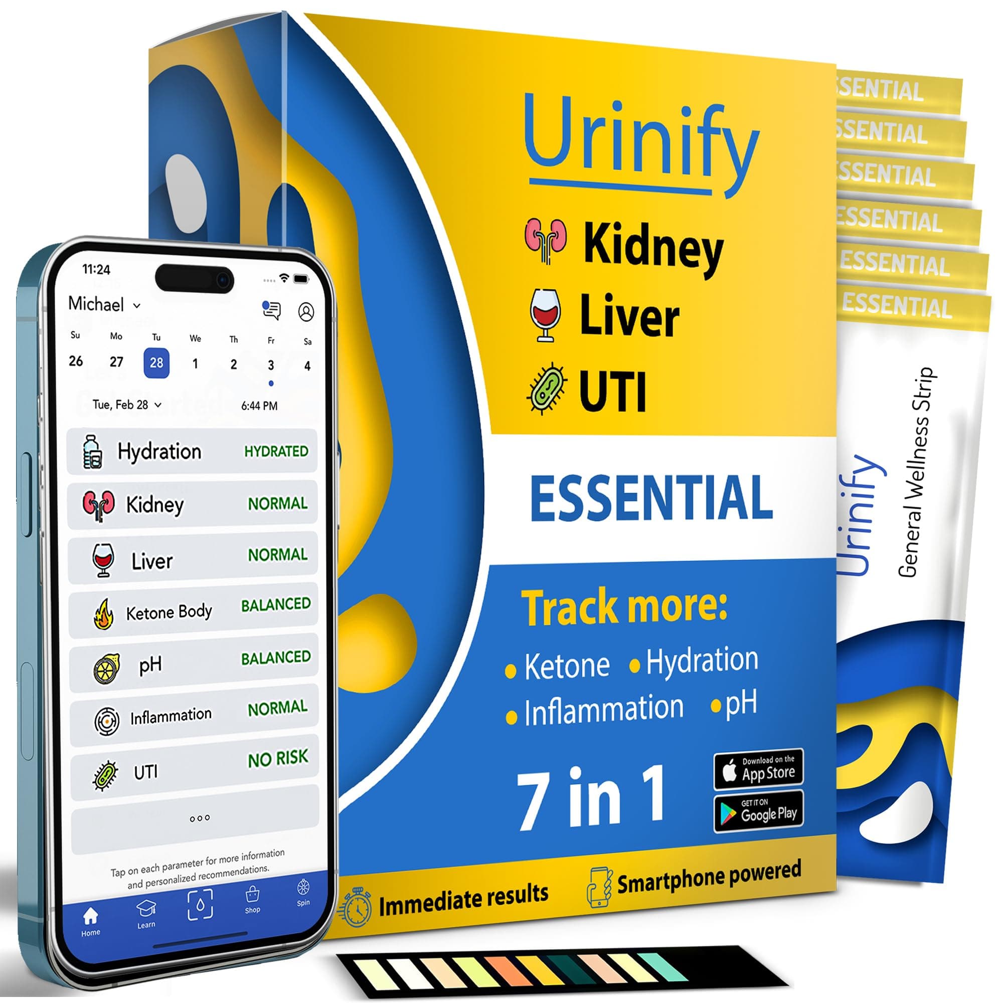 Mobile App Urine Test Strips -Trusted at Home Kidney and Liver Test Kit, Urinary Protein, UTI Test, Hydration, Ketone Body, pH, Urinalysis- Essential Kit (6 Strips)