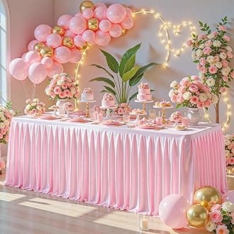 6FT Pink Satin Tablecloths for Rectangle Tables - Shiny Spandex Party Table Cover with Pleated Table Skirt, No-Wrinkle & Glossy Wedding Tablecloth One-Piece for Birthday Baby Shower Banquet Ceremony