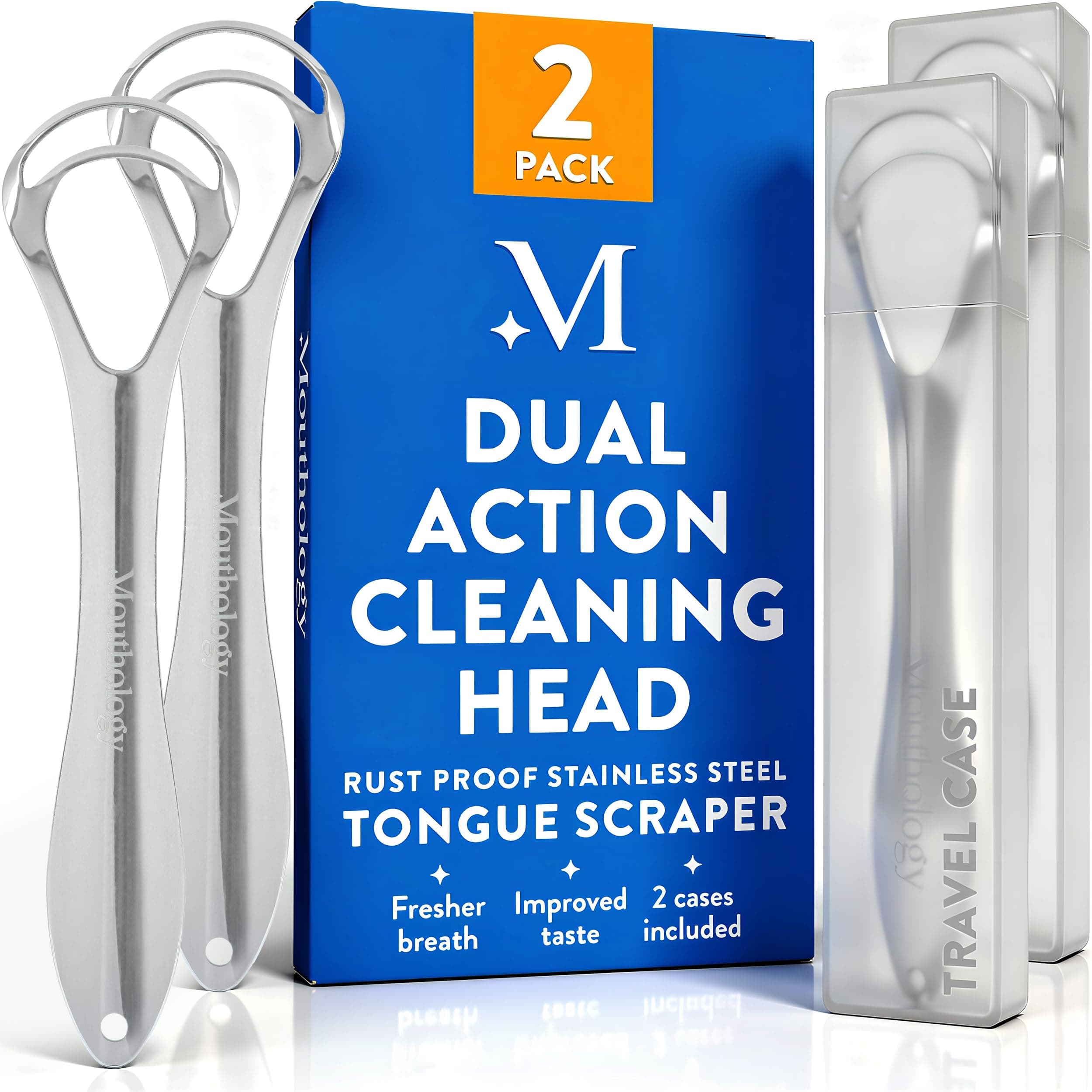 Mouthology Tongue Scraper (2 Pack) Dual Scraping Head, Reduce Bad Breath (Travel Cases Included), Stainless Steel Tongue Cleaners, 100% Metal Tongue Scrapers Fresher Breath