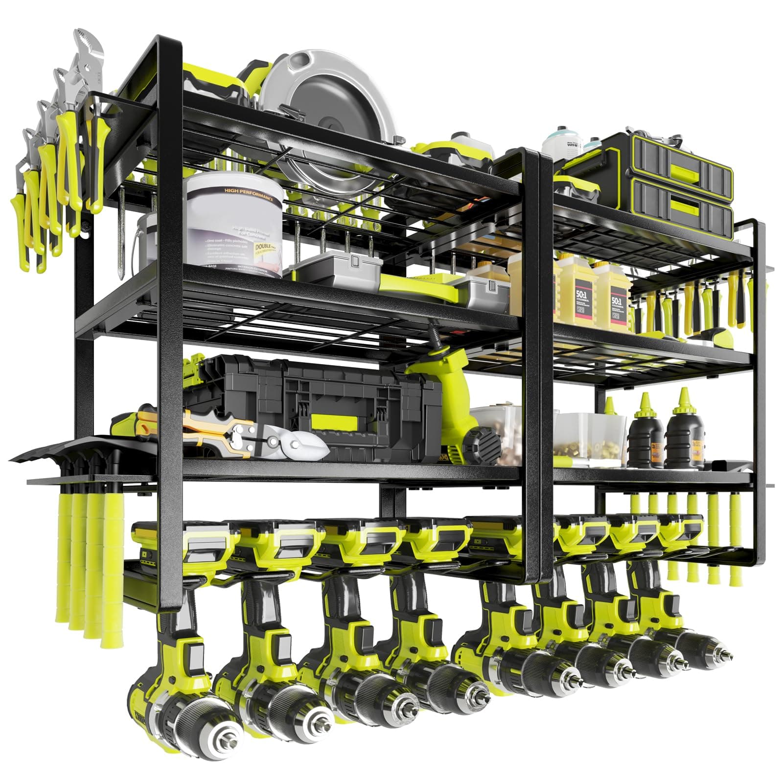 KAFAHOM Power Tool Organizer Wall Mount, 4-Tier Drill Holder for Cordless Tools, 2-Pack Set, Garage Storage Rack with Side Hooks for Hammers & Pliers, Tool Organizer for Workshop/Utility Room