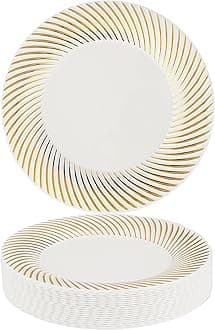 MATANA 80 Premium White Plastic Dessert Plates with Gold Rim, 18cm / 7 Inch - Elegant & Reusable Small Side Plates, Starter Plates for Weddings, Birthdays, Picnic, BBQ, Parties