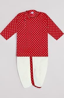 superminis Boy's Cotton Kurta with Dhoti - Golden Thread Work, Solid Round Collar, Full Sleeves, Side Button Kurta Set for Ethnic Wear