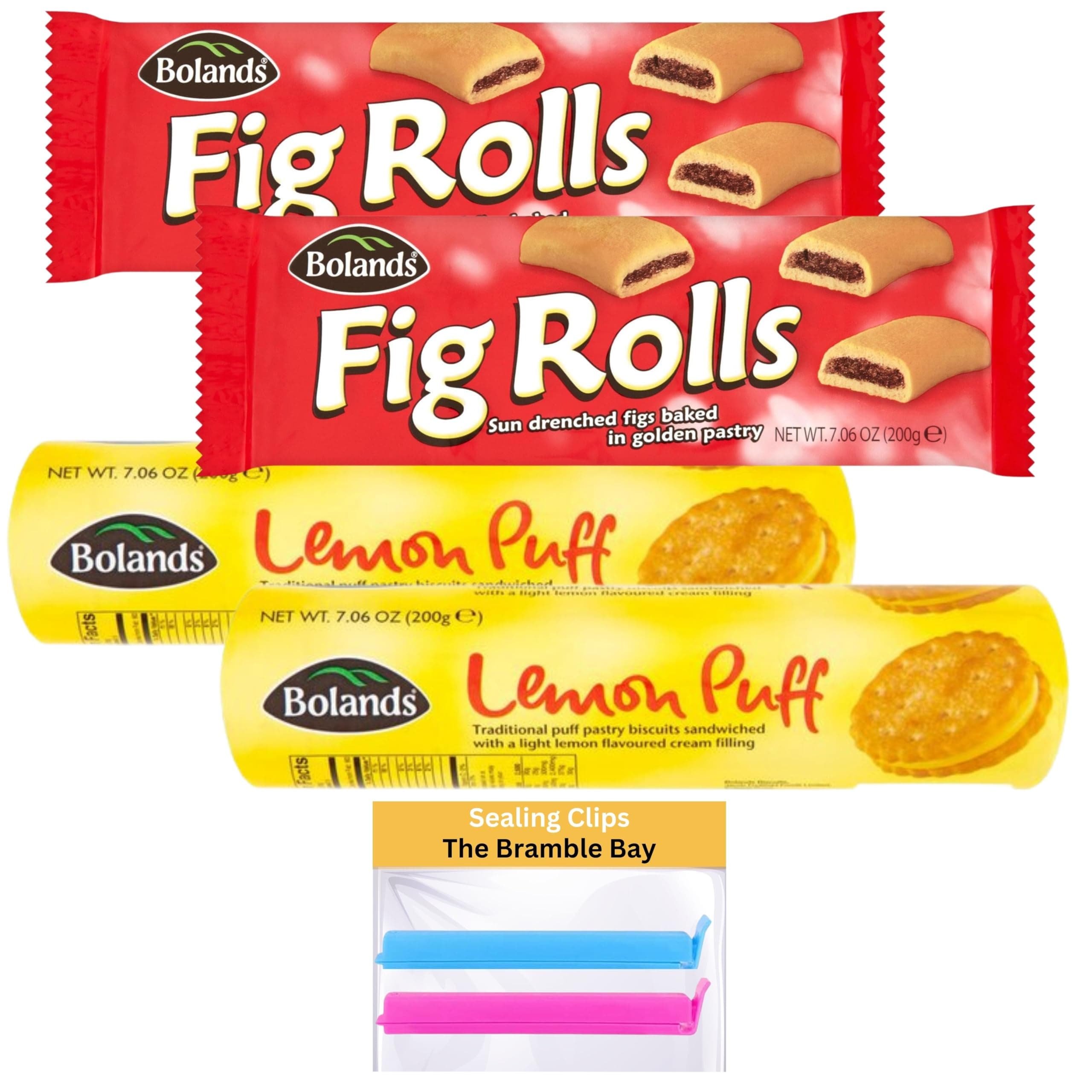 Fig Rolls 200g x2, Lemon Puff Biscuits 200g x2, Food Sealing Clip x2