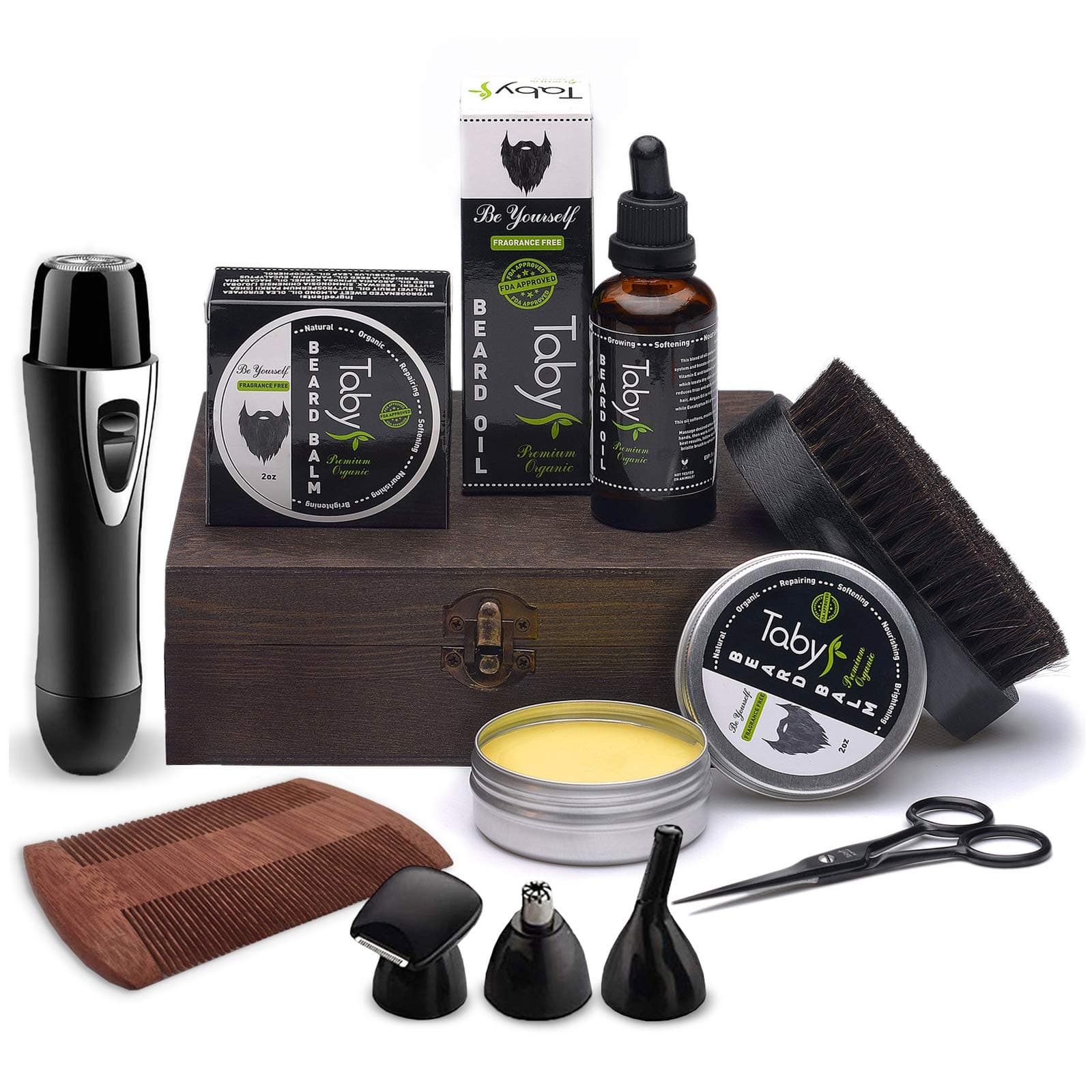 Beard Care Kit, Grooming & Trimming Gift Set for Men Includes - Beard Oil, Beard Balm, Horsehair Brush, Wooden Comb, Facial, Nose & Ear Trimmer, Beard & Mustache Scissors