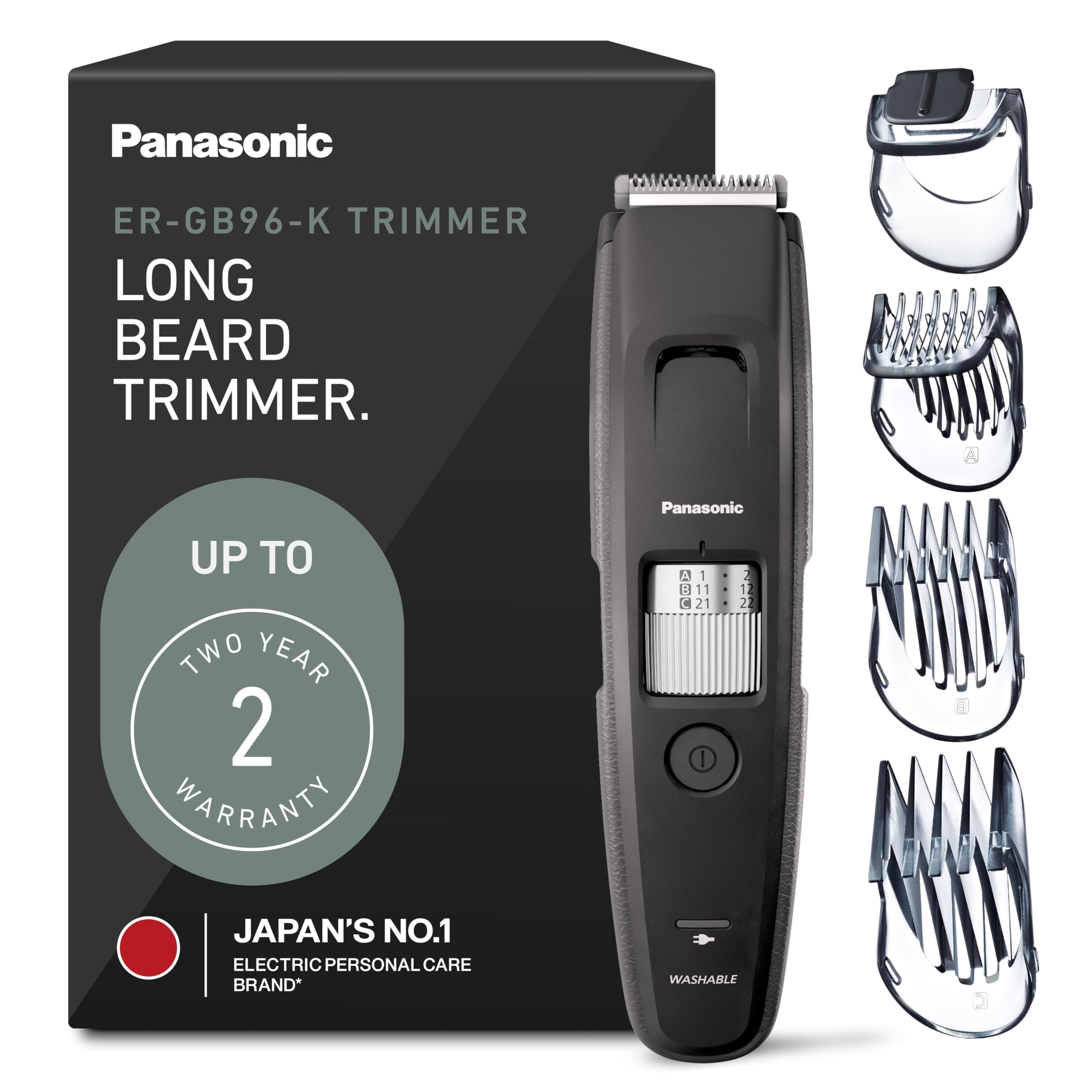 Long Beard Trimmer for Men, 58 Length Settings and 4 Attachments for Cutting and Detailing, Cordless or Corded Operation – ER-GB96-K (Black)