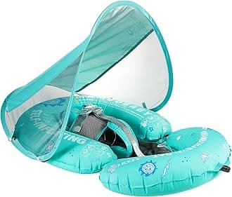 Mambobaby Baby Float Self-Inflating Baby Pool Float, AnjeeIOT Newest Compressible Pool Swim Float Infant Soft Solid Swimming Trainer, Baby Float with Removable UPF 50+ UV Sun Protection Canopy