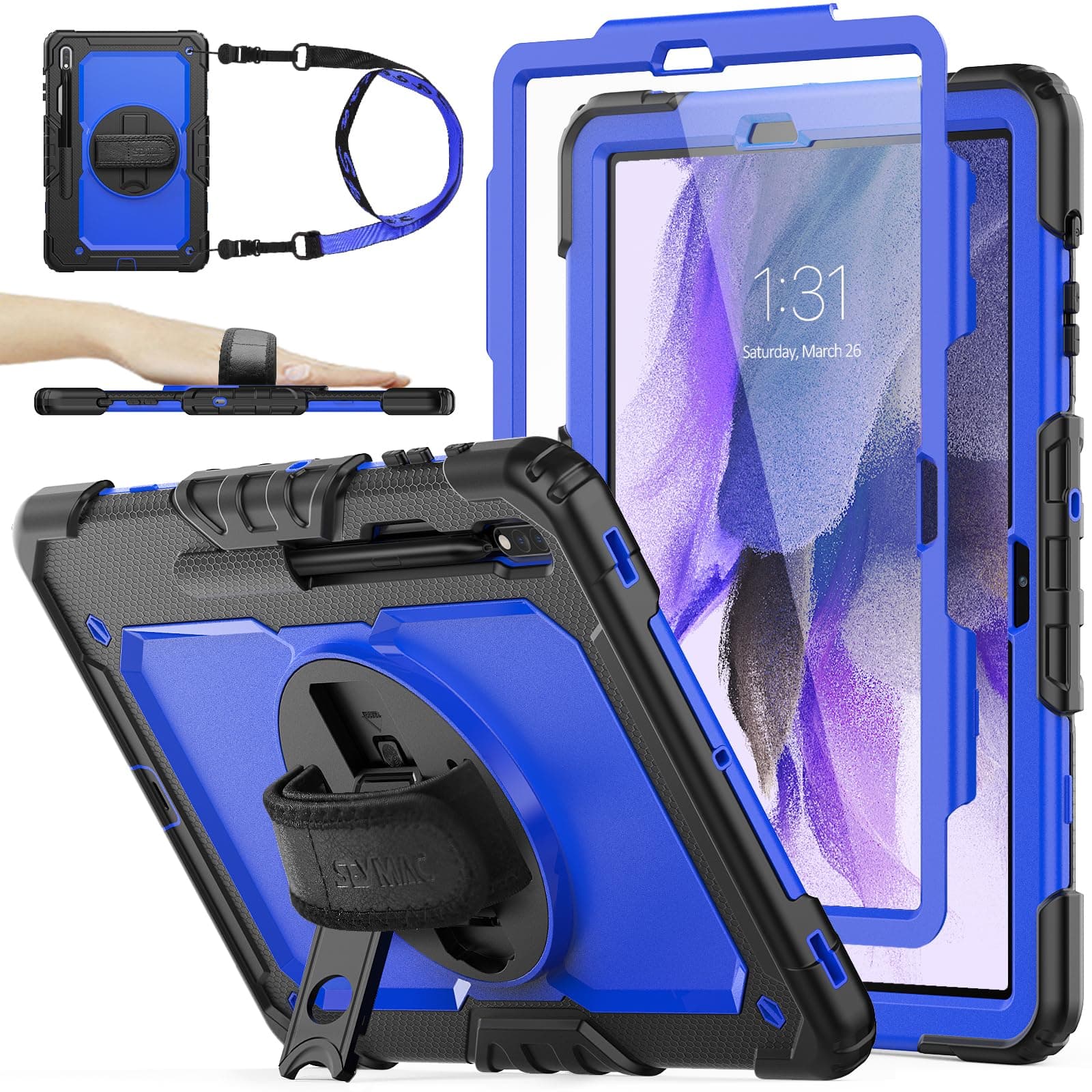 SEYMAC stock Case for Samsung Galaxy Tab S7 FE / S8 Plus 12.4'' with Screen Protector Pencil Holder & Stand, Drop-Proof Tablet Case, Blue/Black