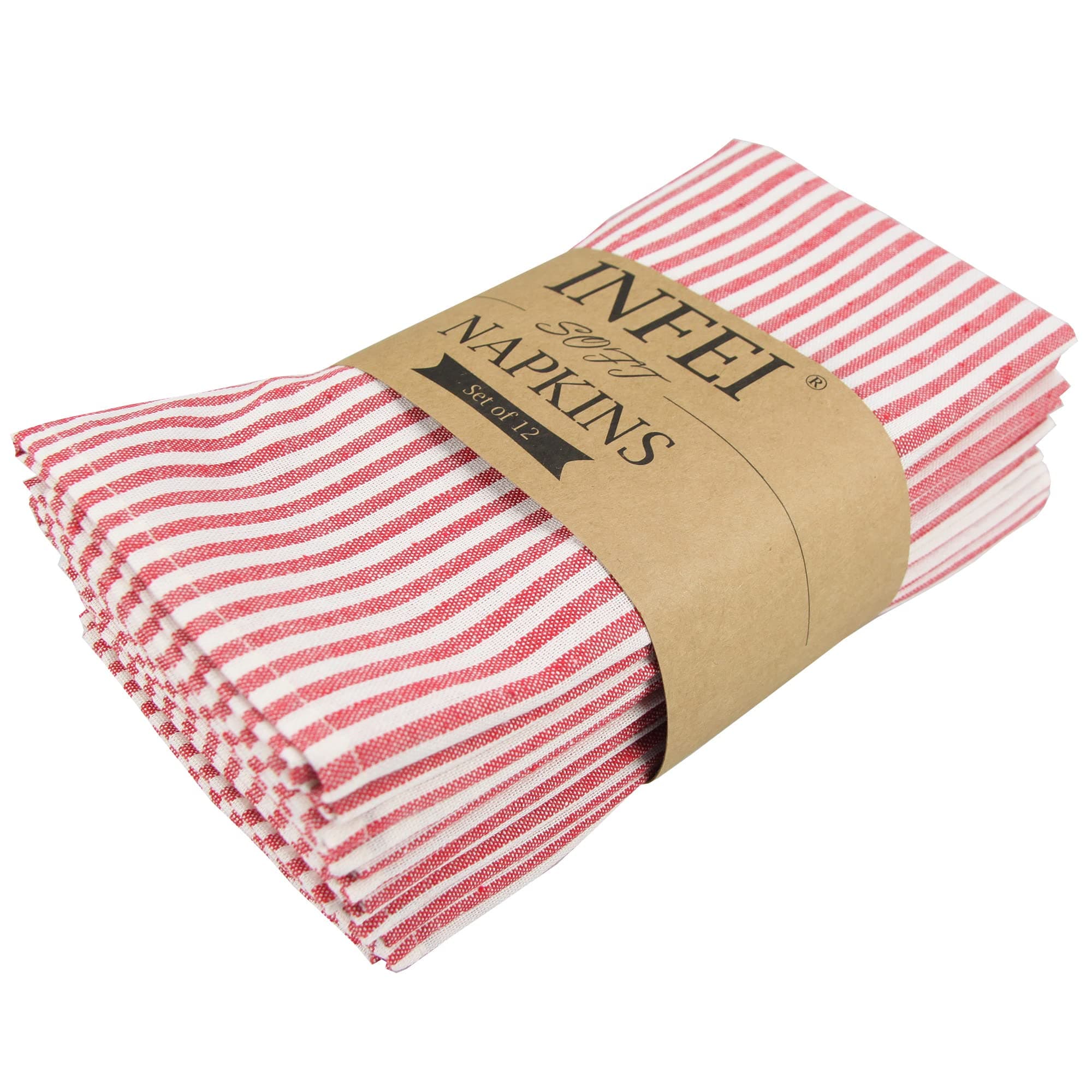 Plain Striped Cotton Linen Blended Dinner Cloth Napkins - Set of 12 (40 x 30 cm) - for Events & Home Use (Red)