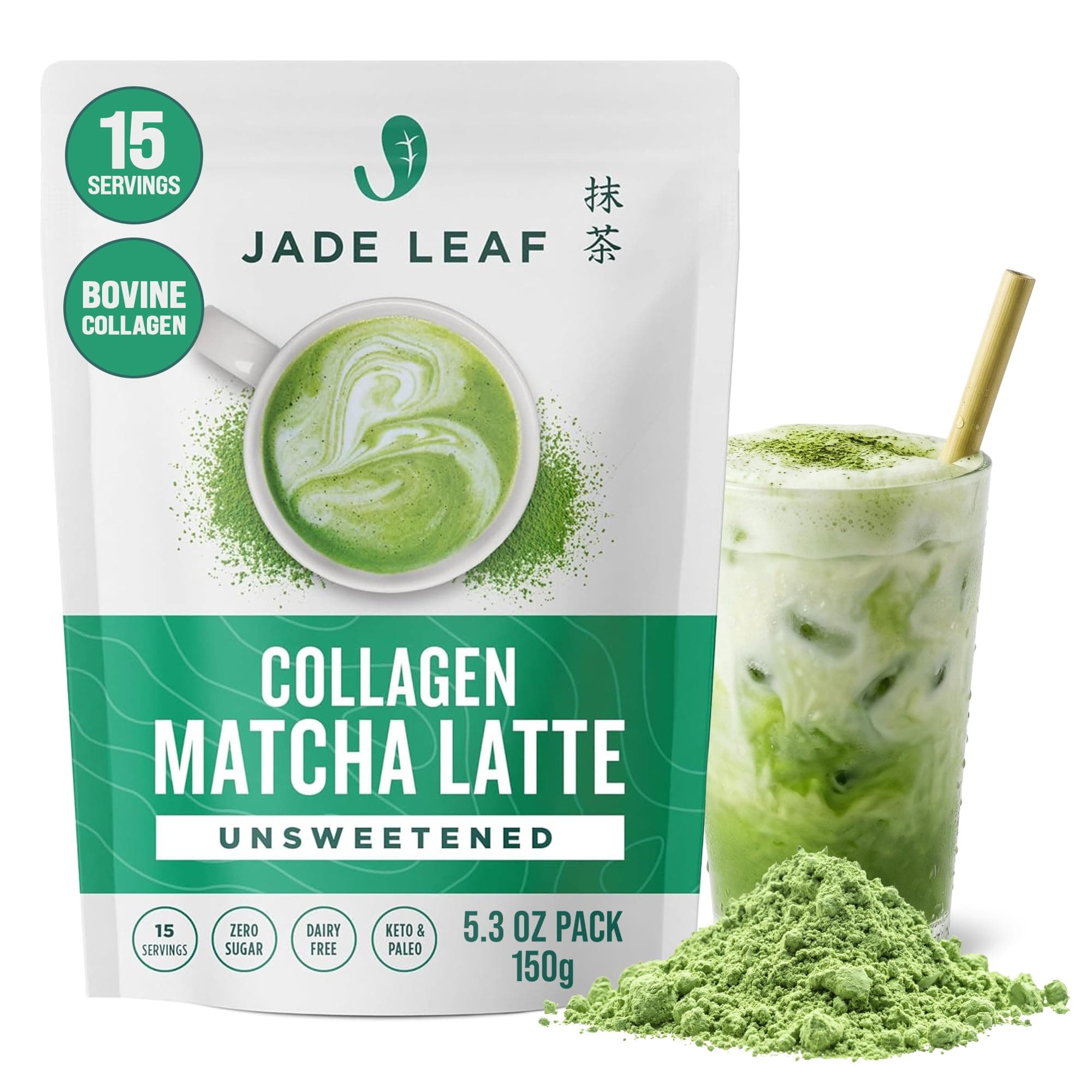 Jade Leaf Matcha, Collagen Matcha Latte Mix - Unsweetened - 5.3oz Pouch