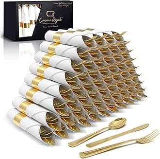 50 Pre Rolled Gold Plastic Silverware - 200pc Set, Service for 50 - Wrapped Disposable Silverware Set with Forks, Knives, Spoons, White Napkins - Fancy Decorative Flatware for Dinner, Party, Wedding
