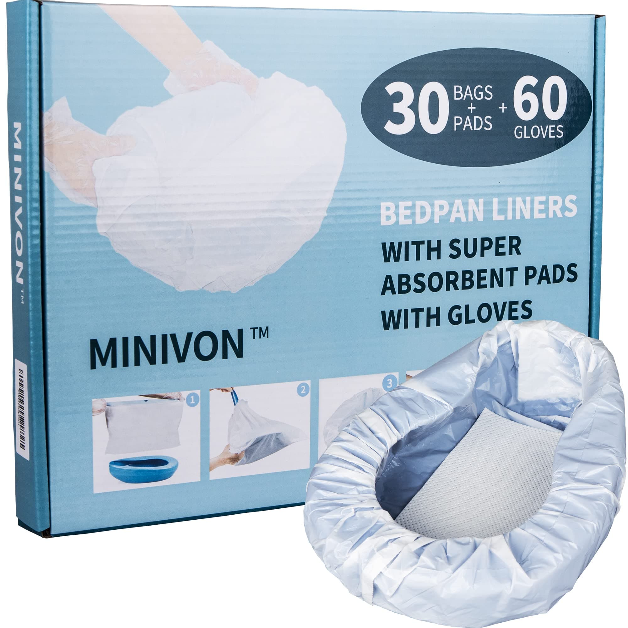 MINIVON Bedpan Liners with Super Absorbent Pads - Value Pack 30 Count - Bed pan Bag Disposable Pulling String, Medical Grade & Universal Fit Bed Pan, for Bedridden Patients, Elderly Senior, Bedbound