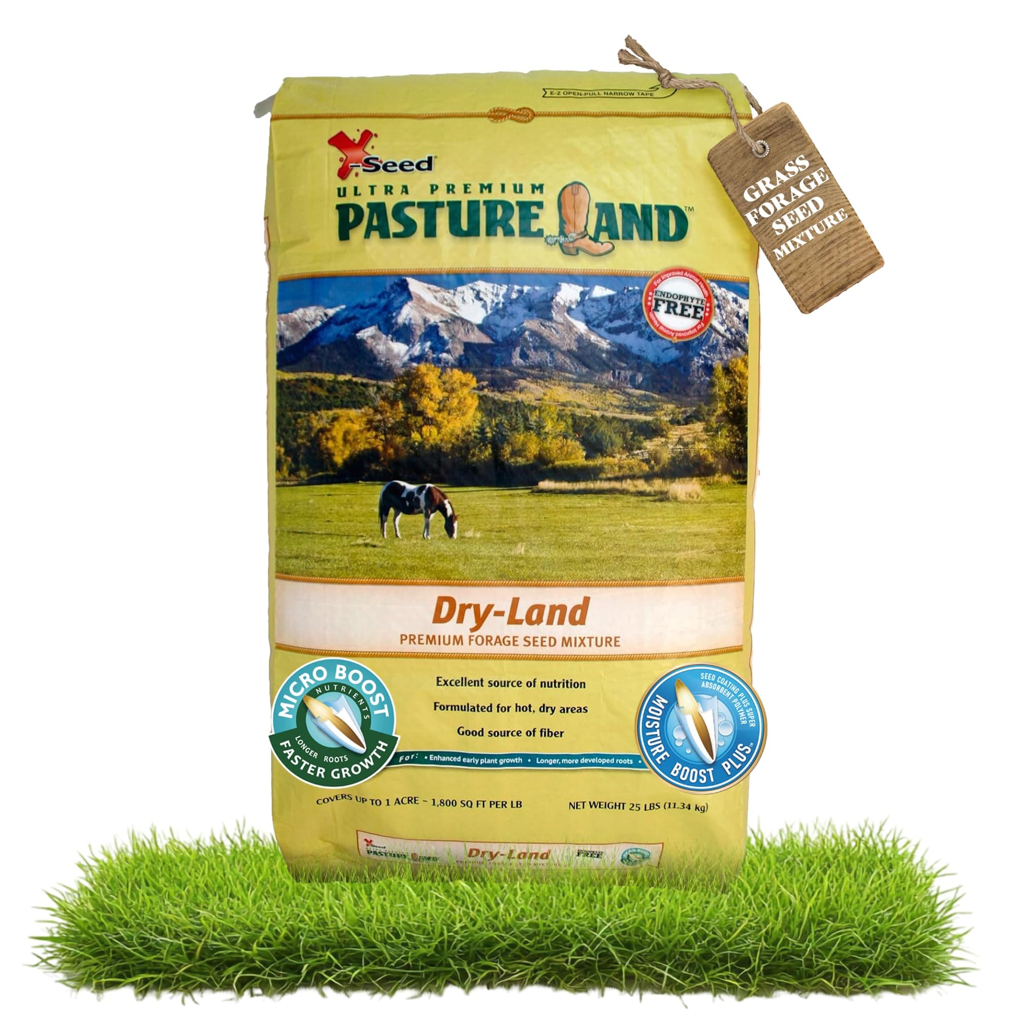 Pasture Land Dry-Land Forage Seed Mixture with Micro-Boost – Tall Fescue Orchard Grass Ryegrass Endophyte Free Pasture for Safe Nutrition of Livestock, Formulated for Dry Areas – 25-Pound Bag
