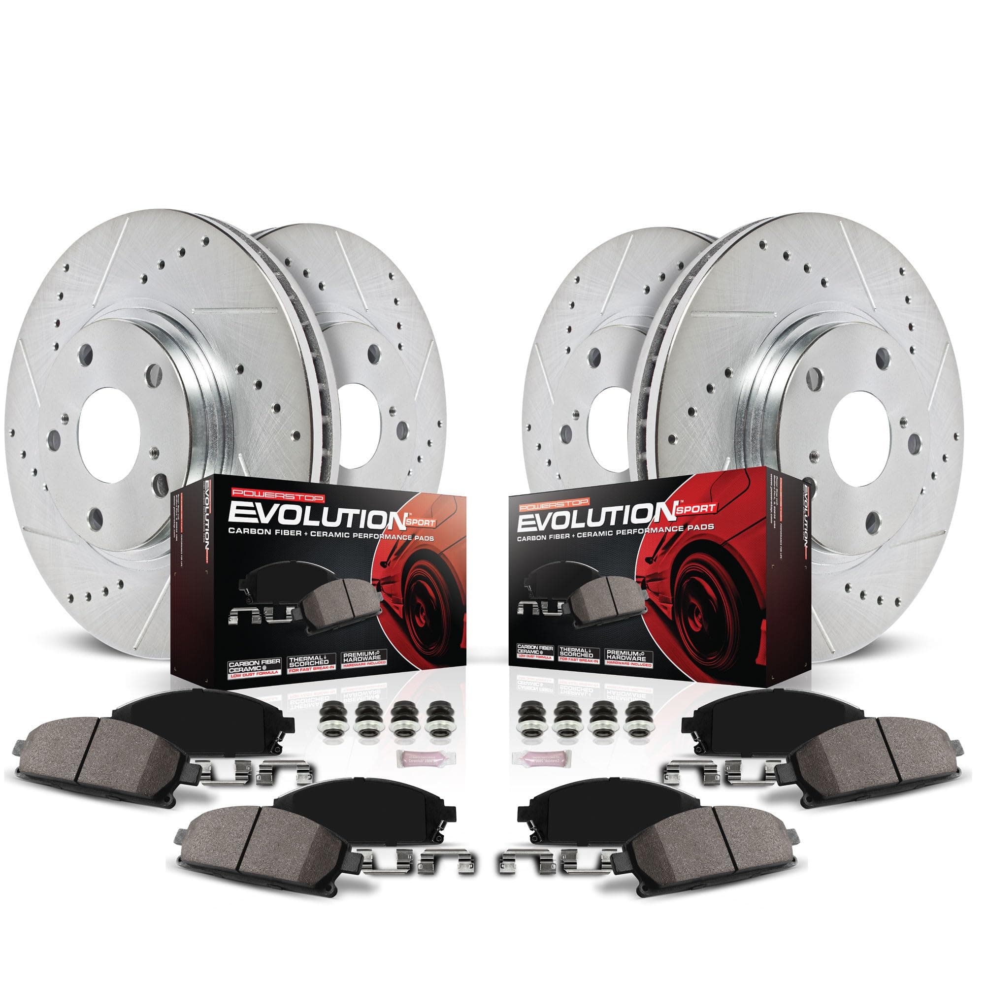 Power Stop K2317 Front & Rear Brake Kit with Drilled/Slotted Brake Rotors and Z23 Evolution Ceramic Brake Pads