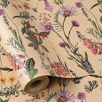 RUSPEPA Wildflower Floral Wrapping Paper Roll for Women, 17 Inches x 16. 4 Feet, Mini Roll, Herbal Kraft Wrapping Paper for Christian Gifts, Birthdays, Weddings, Bridal Shower and Engagement