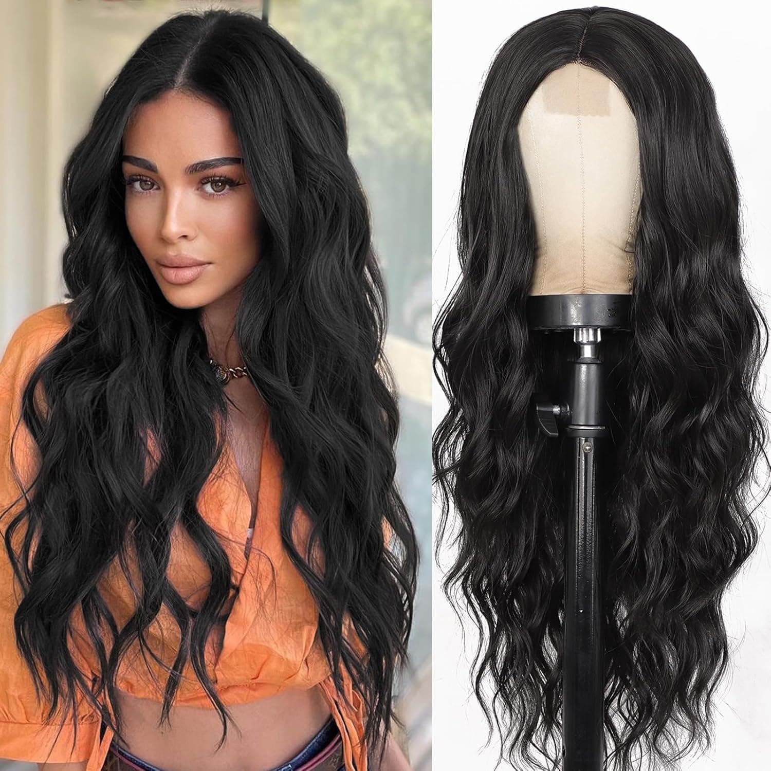 Akashkrishna Long Black Curly Wavy Wigs Middle Part Natural Looking Long Wavy Dark Wig for Women Synthetic Heat Resistant Fiber Wig for Daily Use