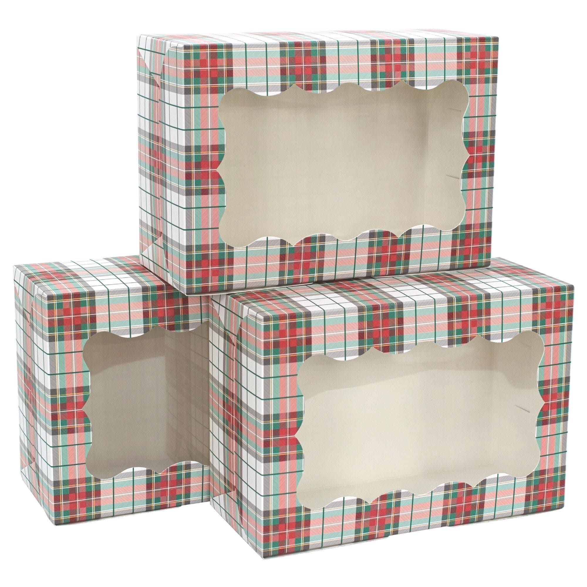 Christmas Cookie Boxes - 12 Pack - White & Red Tartan Plaid Bakery Gift Box with Window - Perfect for Pastries, Cupcakes, Macarons, Candy, & Treats - LG Size Easily Fits a Dozen Cookies - 12 pcs
