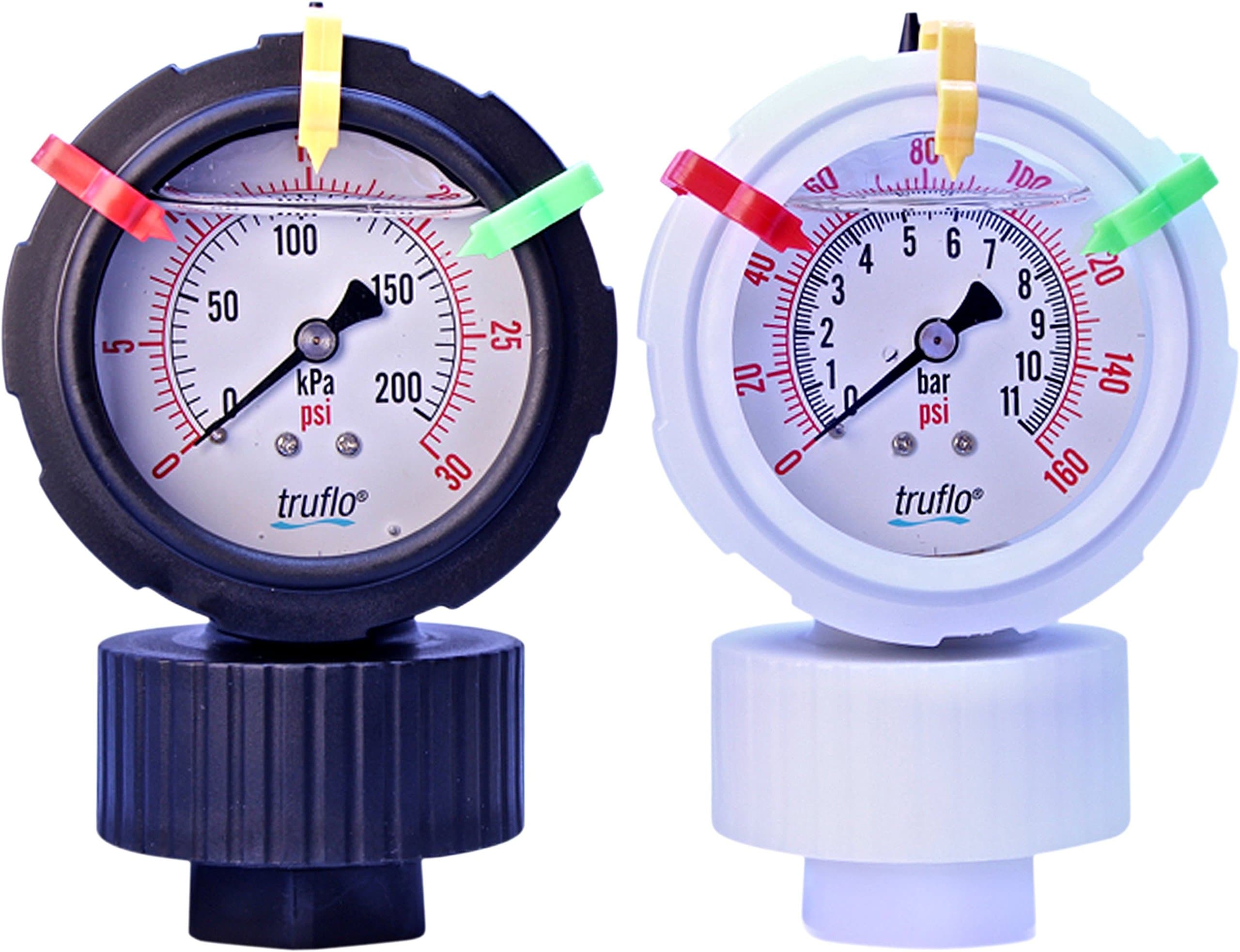 0-100 PSI ALL PLASTIC GAUGE WITH INTEGRALLY MOLDED ISOLATOR, PP HOUSING, PTFE DIAPHRAGM, 1/2" MNPT PP PROCESS CONNECTION, LIQUID FILLED, RANGE TABS