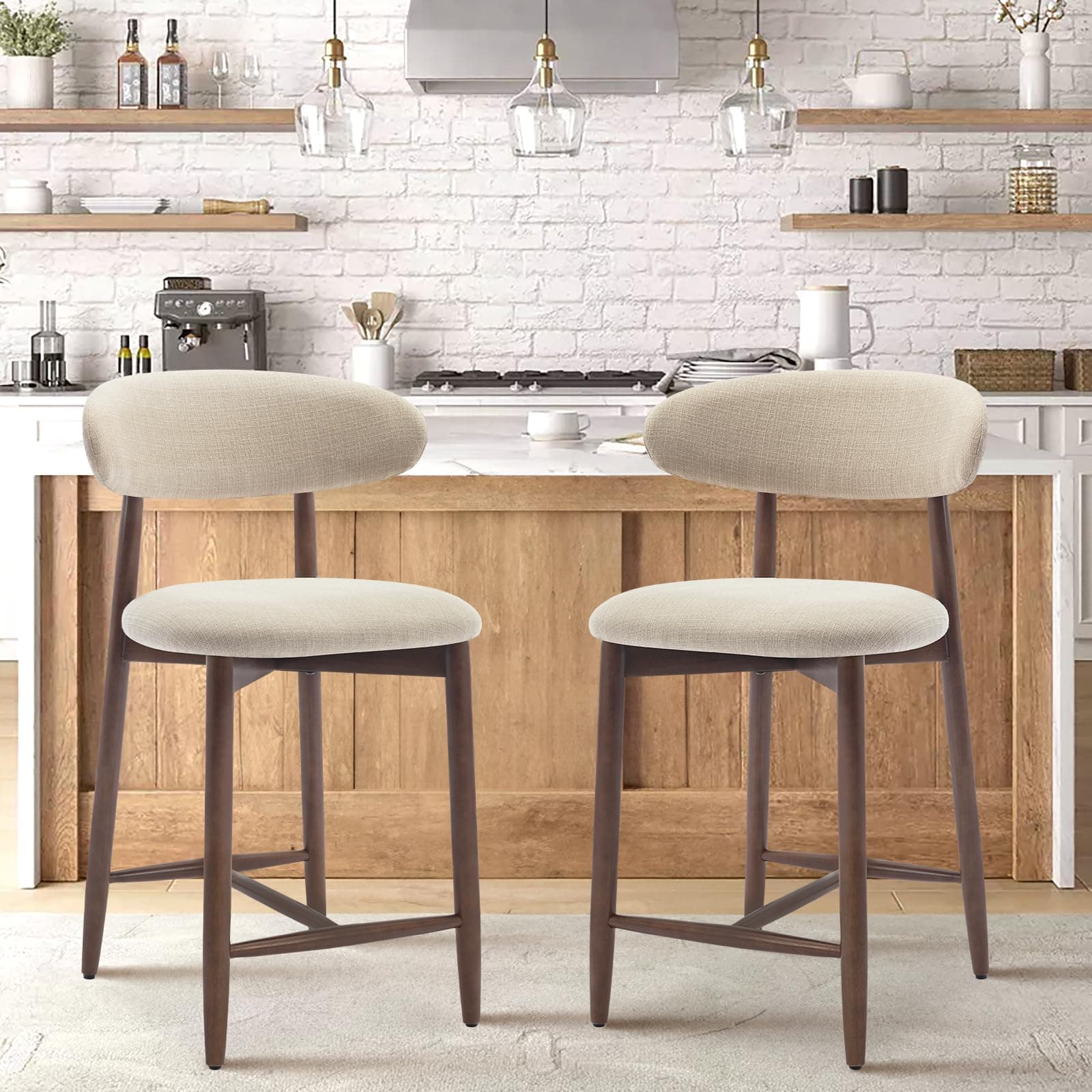 COLAMY Bar Stools Set of 2, Counter Height Bar Stools, Upholstered Counter Stools with Wood Legs for Kitchen Island Dining Room Bar, Beige