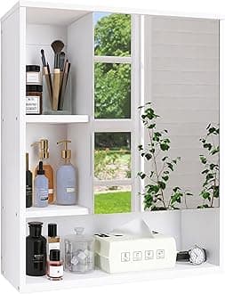 SMIBUY Bathroom Mirror Cabinet Wall Mounted, Bamboo Space Saver Medicine Cabinet, Wall Hanging Over Toilet Storage Cabinet with Mirror Door and Adjustable Shelf (White)